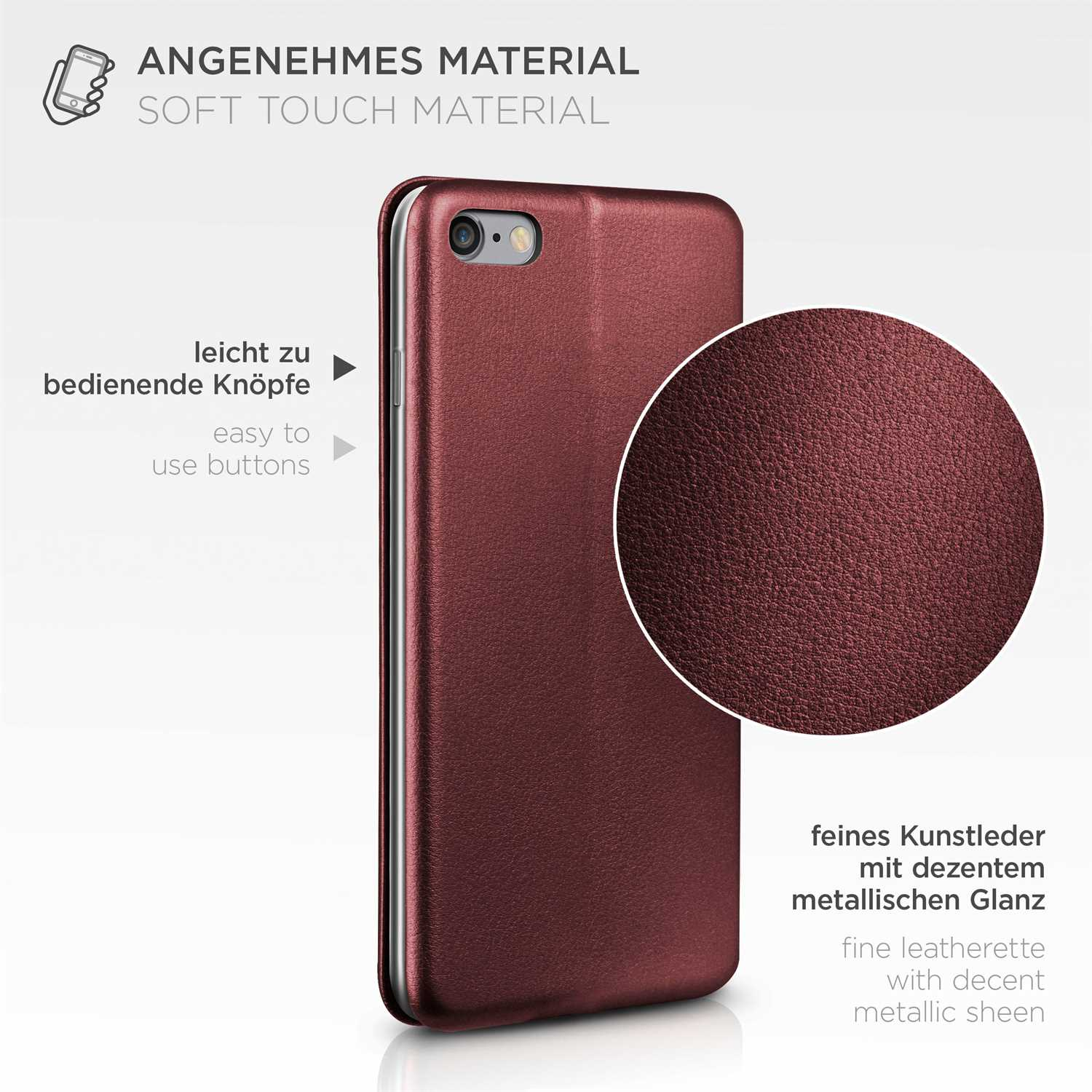 Burgunderfarbene Handyhülle mit Details. Soft-Touch-Material, einfache Tasten, feines Kunstleder mit metallischem Glanz.