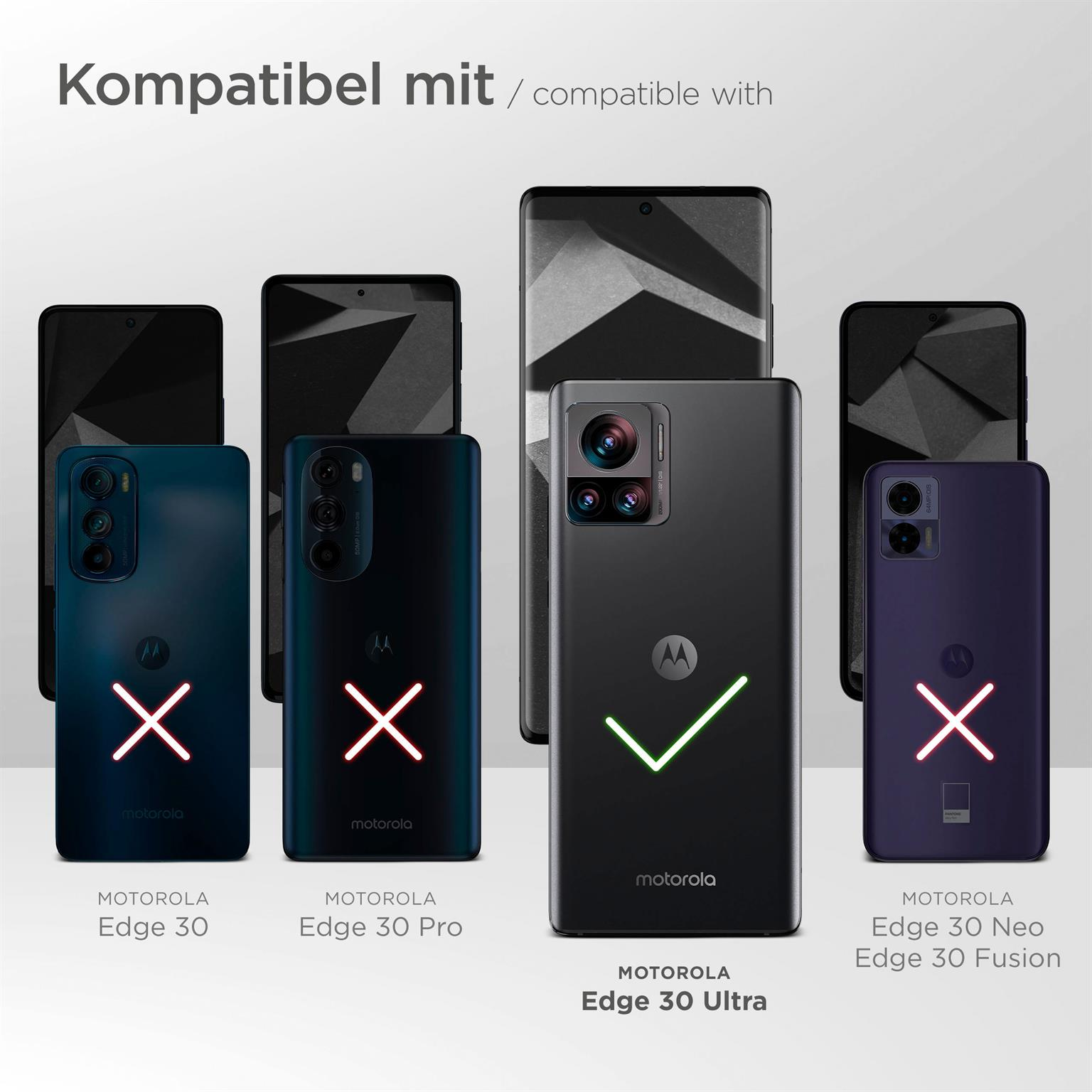 Motorola-Telefone. Edge 30 Ultra als kompatibel markiert. Andere sind als nicht kompatibel markiert.