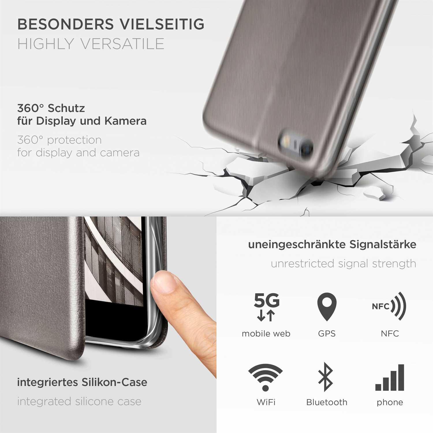 Handyhülle mit Telefon, zerbrochener Oberfläche und Symbolen für Signal und Funktionen.