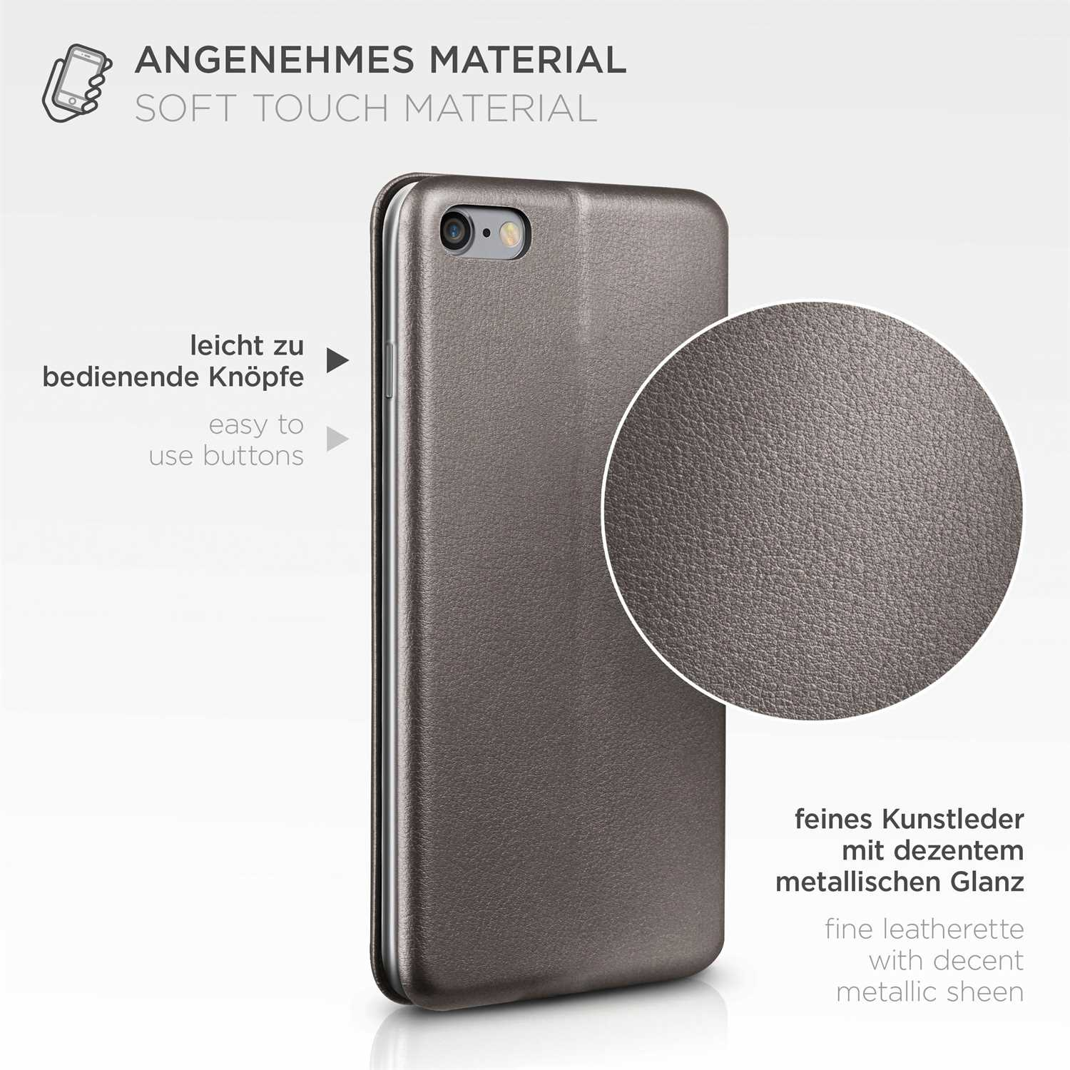 Handyhülle mit Metallic-Finish, mit Text über weiches Material und einfach zu bedienende Knöpfe.