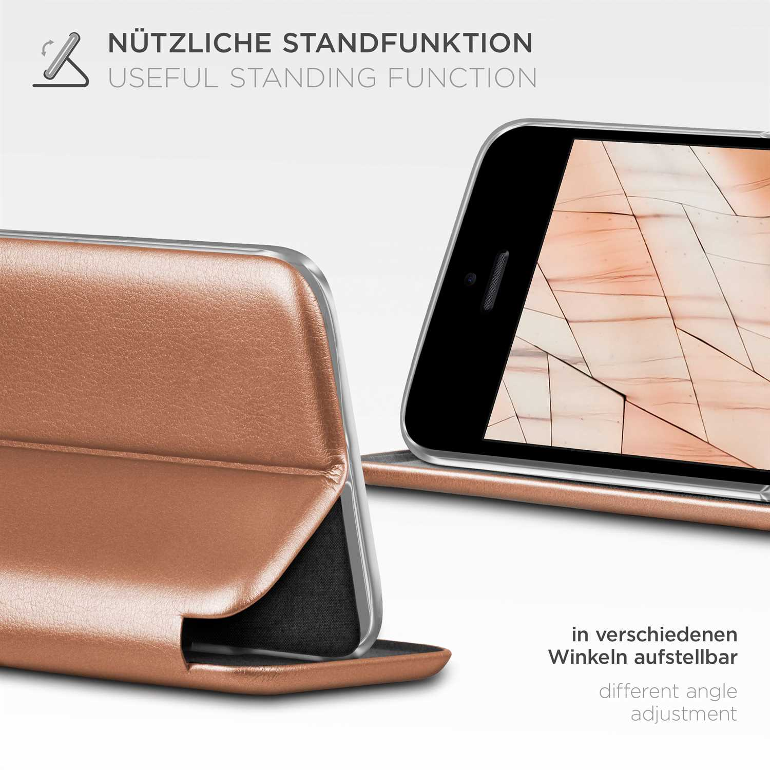 Eine Handyhülle im braunen Leder-Stil mit Standfunktion wird detailliert gezeigt.