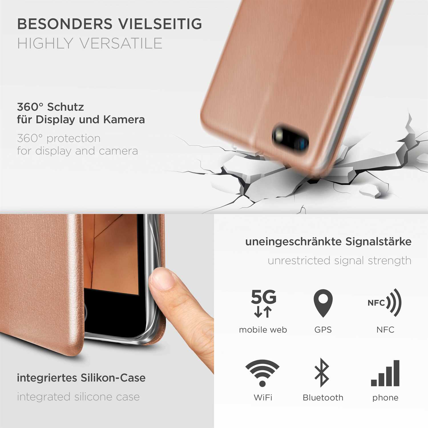 Eine kupferfarbene Handyhülle mit einem Telefon darin und Symbolen für 5G, GPS, NFC, WLAN, Bluetooth und Telefon.