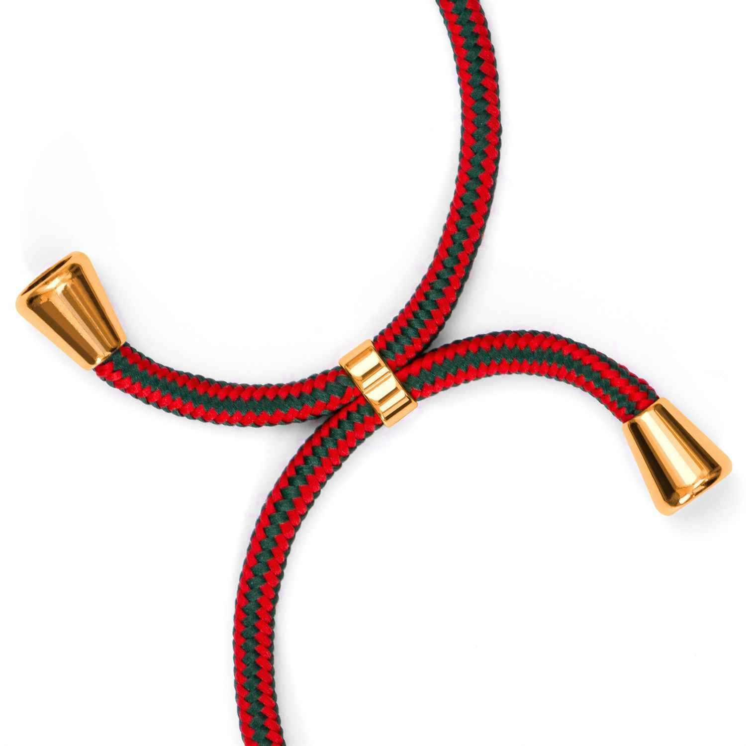 Ein rot-grüner geflochtener Telefonriemen mit goldenen Enden und einem goldenen Verschluss.