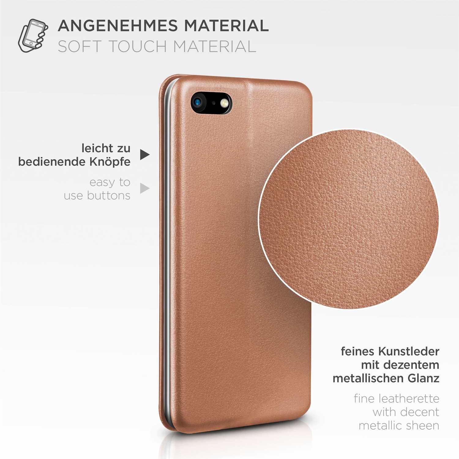 Telefon in Hülle. Text: Soft Touch, einfach zu bedienende Knöpfe. Feines Kunstleder mit Glanz.