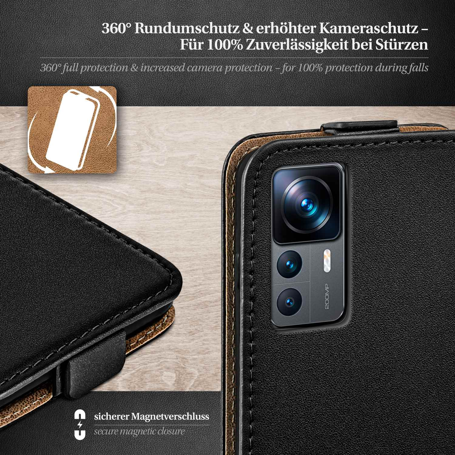 Schwarze Leder-Handyhülle, geöffnet, mit Telefon im Inneren. Text und Grafiken sichtbar.