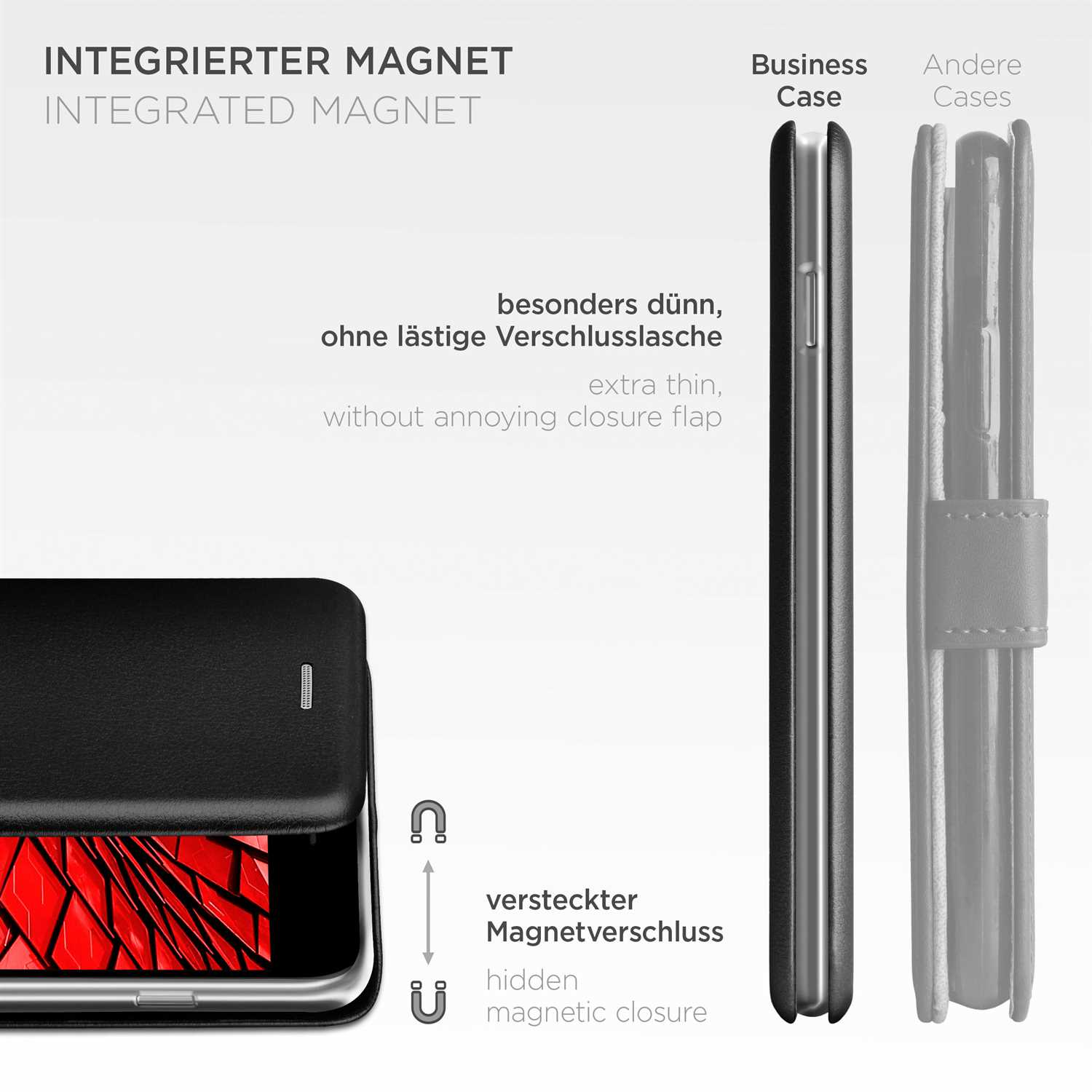 Schwarze Handyhülle mit integriertem Magneten, extra dünn und verstecktem Magnetverschluss.