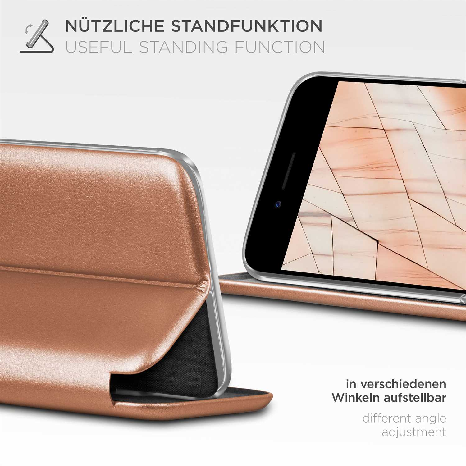 Telefon in Hülle, hochgeklappt. Text: Nützliche Standfunktion. Hülle ist braun.
