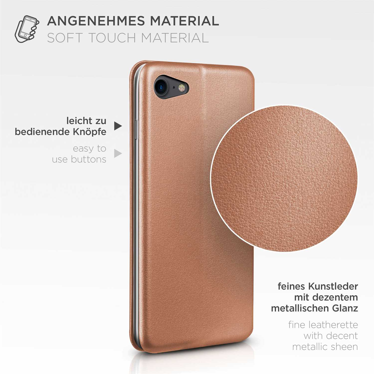 Braune Handyhülle mit Nahaufnahme der Textur. Die Hülle ist metallisch mit feinem Kunstleder.