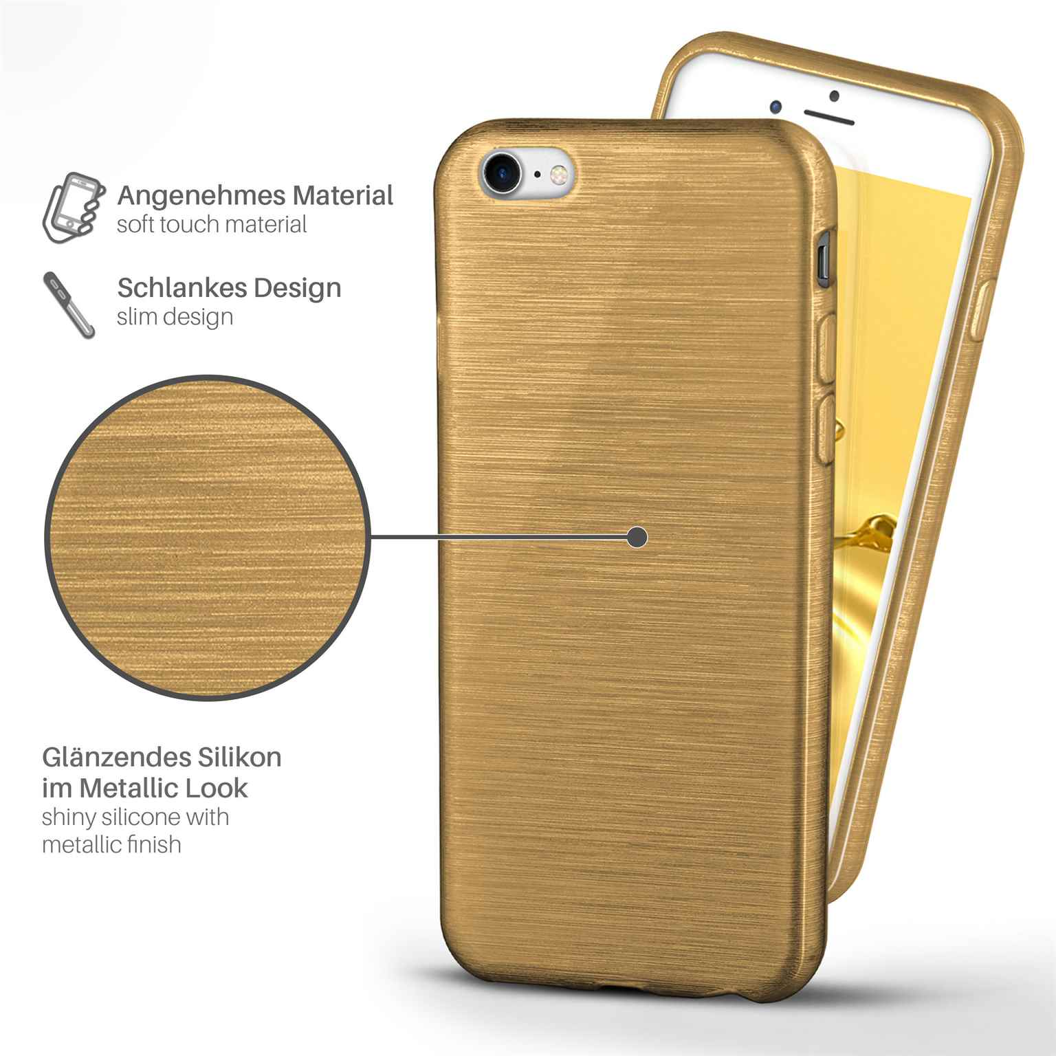 Goldene Handyhülle mit Telefon darin. Das Gehäuse hat ein metallisches Finish. Weißer Hintergrund.