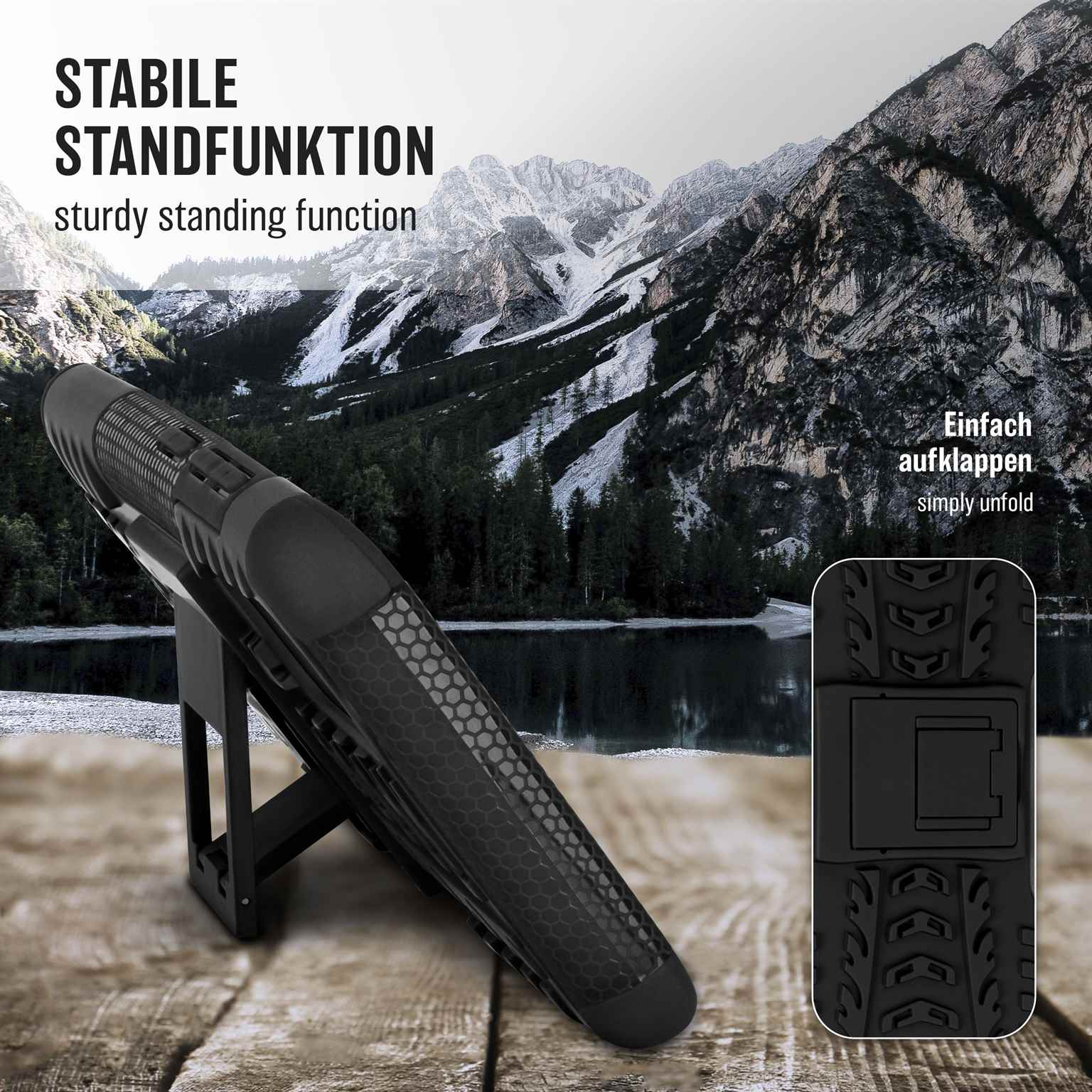 Schwarze Handyhülle auf einem Ständer, mit Text: stabile Standfunktion. Hintergrund: Berge und See.