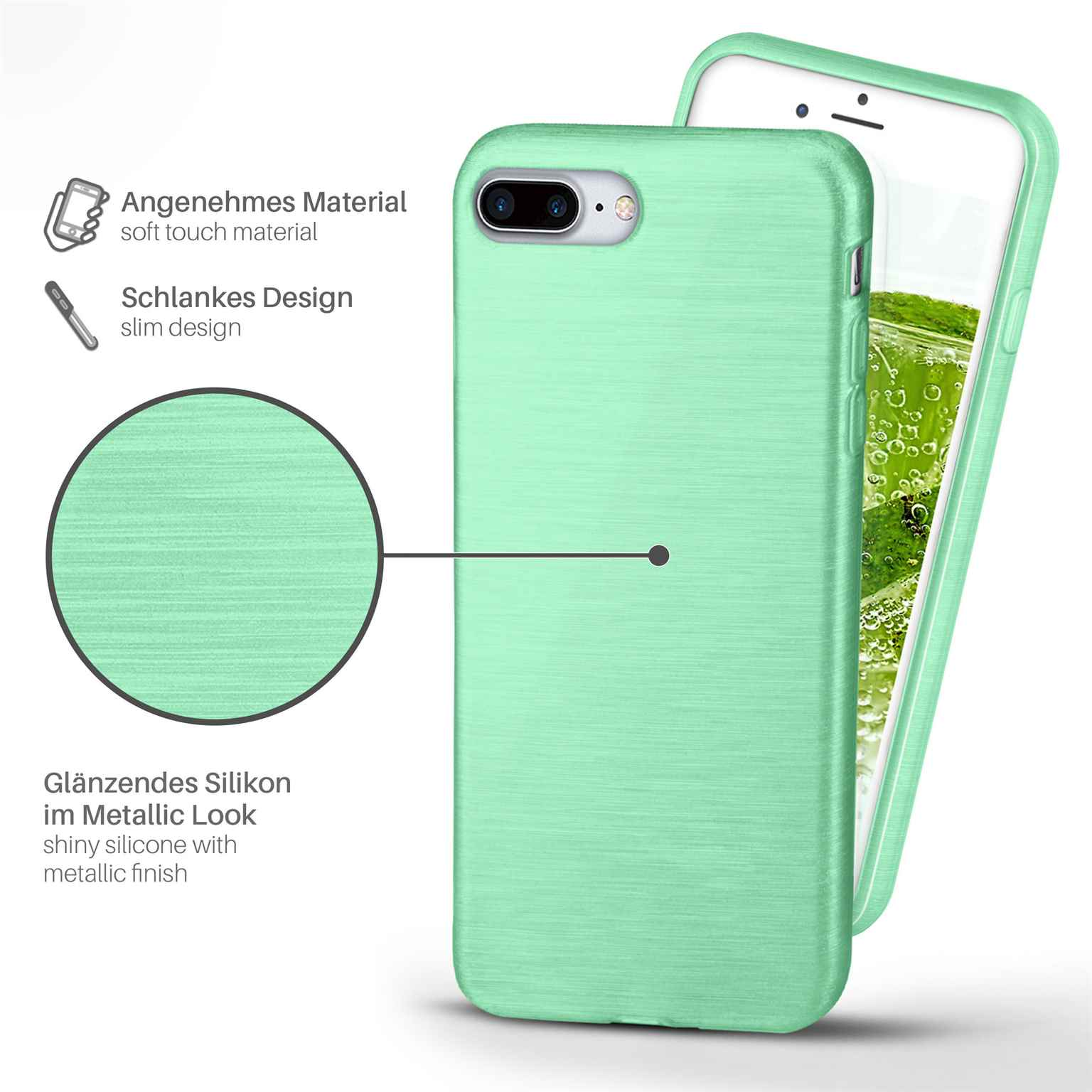 Eine mintgrüne Handyhülle neben einem Telefon. Text beschreibt sie als glänzendes Silikon im Metallic-Look.