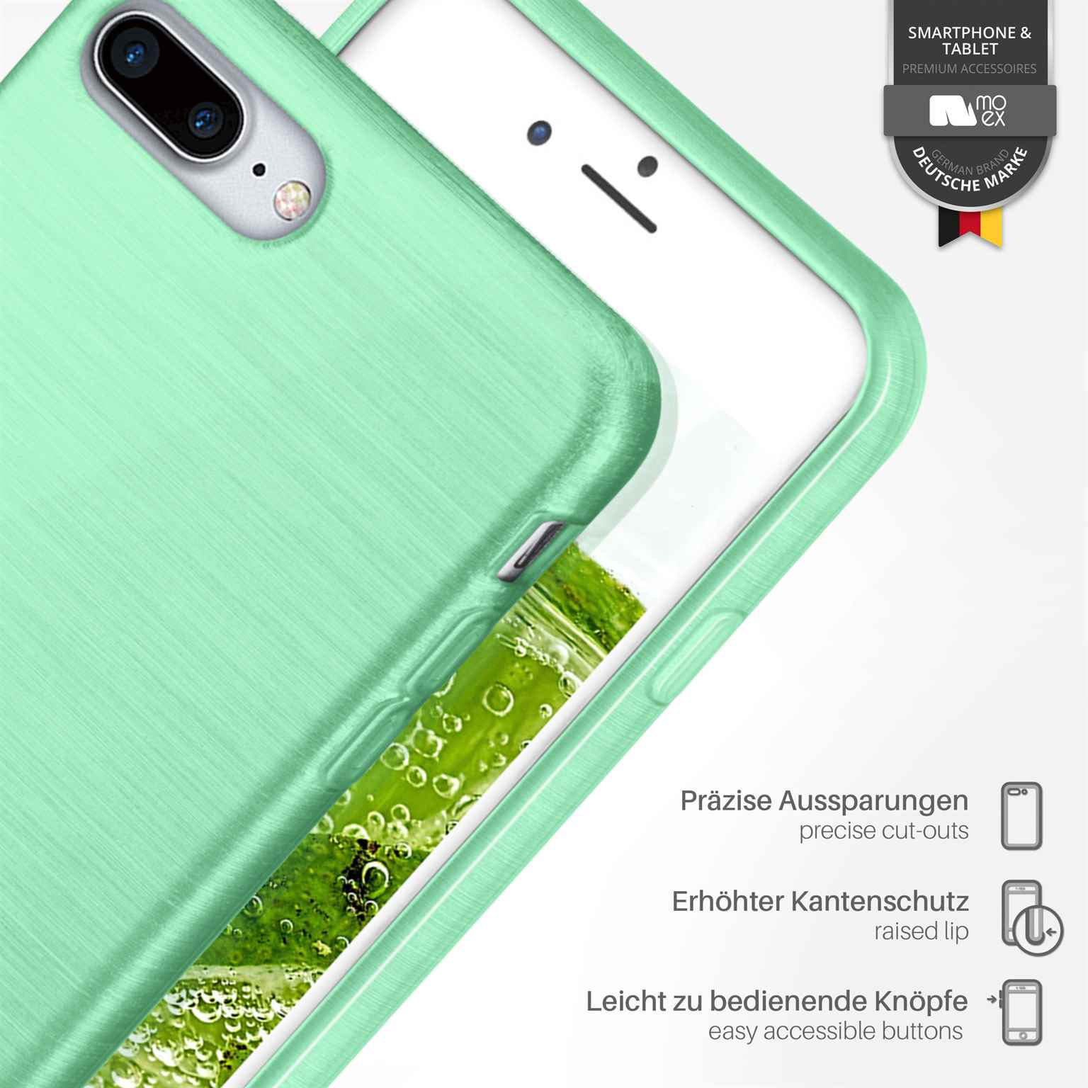 Eine mintgrüne Handyhülle mit präzisen Aussparungen und erhöhtem Rand. Mit Deutsche Marke Logo.