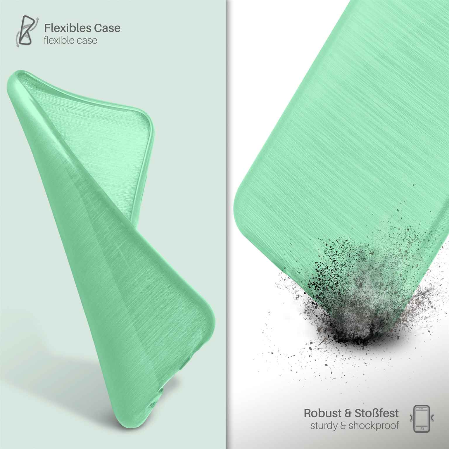 Grüne Handyhülle mit Text "Flexibles Case flexible case" und einer Grafik von Staub.