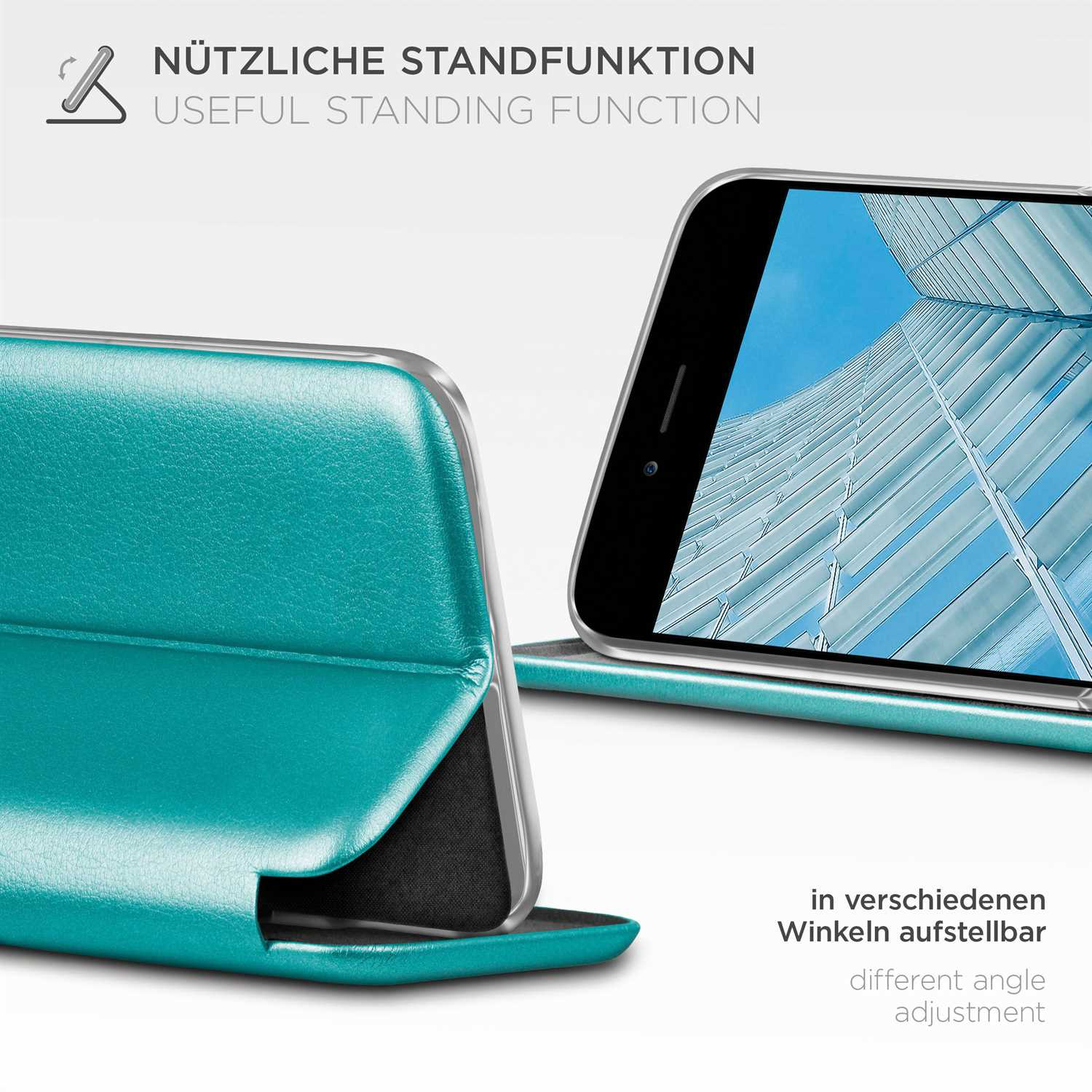 Telefonhülle in einem Winkel geöffnet. Text: Nützliche Standfunktion.