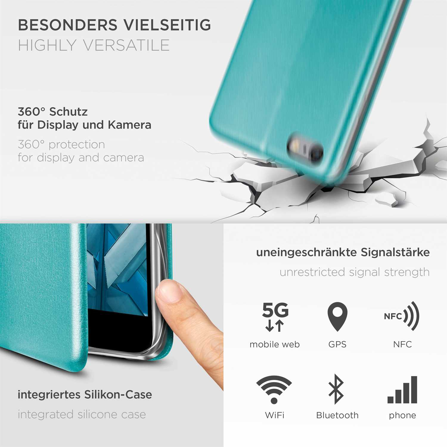 Handyhülle mit türkisfarbenem Rücken, Rissboden. Text: 360° Schutz, integrierte Silikonhülle.