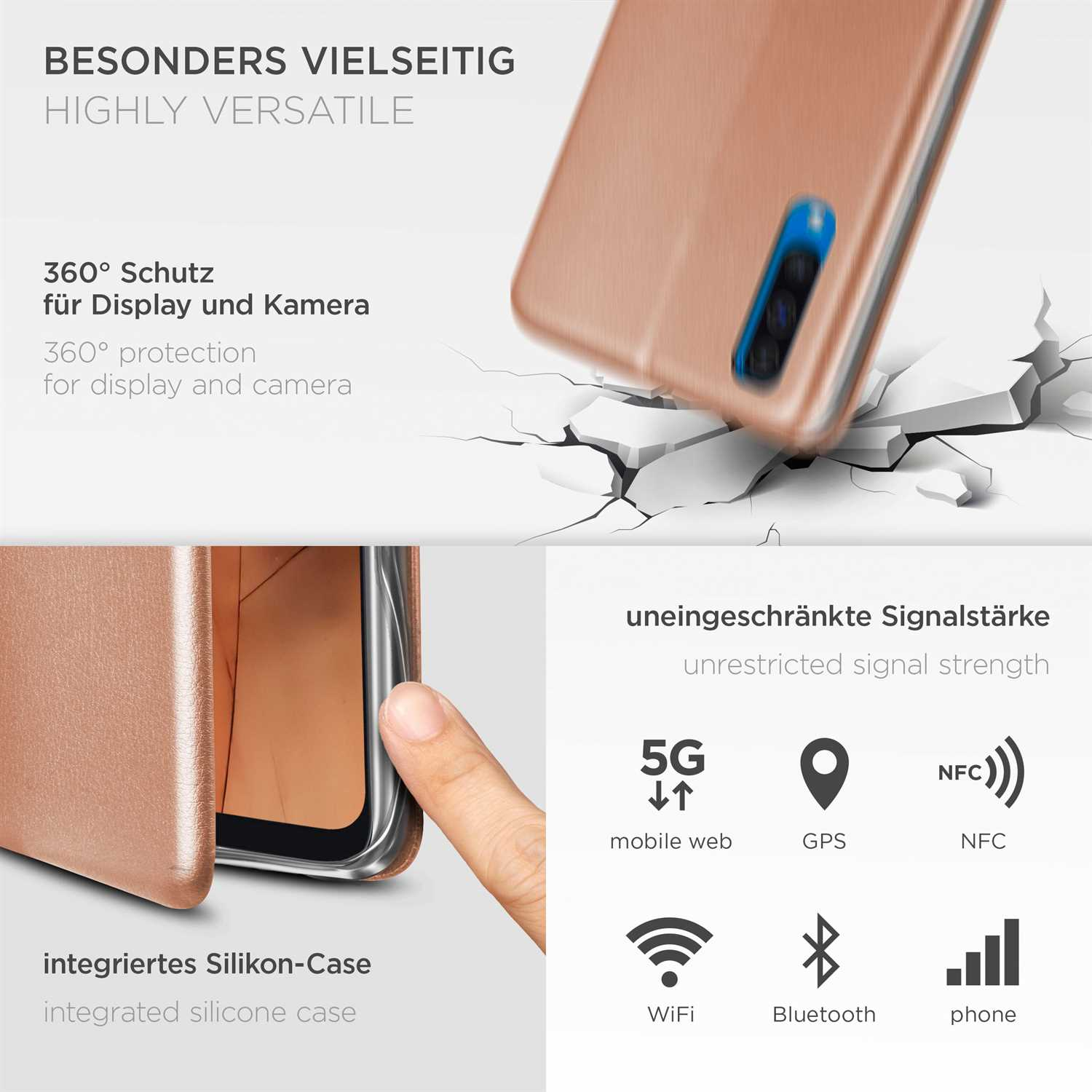 Handyhülle mit Text über Schutz und 5G, NFC und anderen Technologiesymbolen, mit einem Telefon.