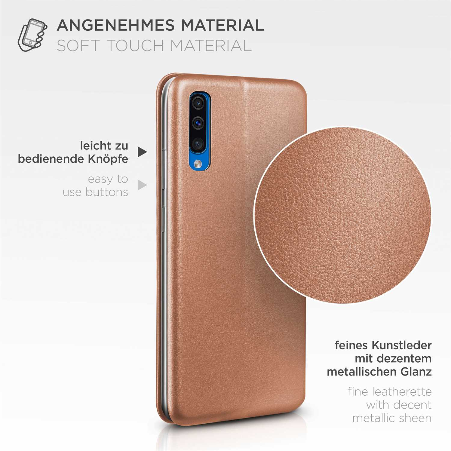 Nahaufnahme einer braunen Handyhülle mit Text: Soft Touch Material und feines Kunstleder.