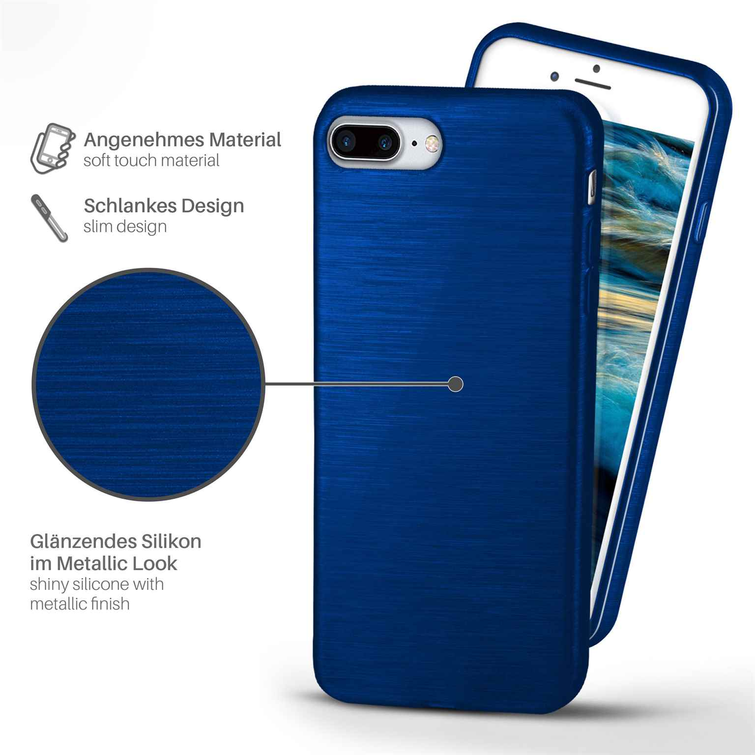 Blaue Handyhülle mit einem Telefon darin. Text-Overlays: Soft-Touch, schlankes Design, glänzendes Silikon.