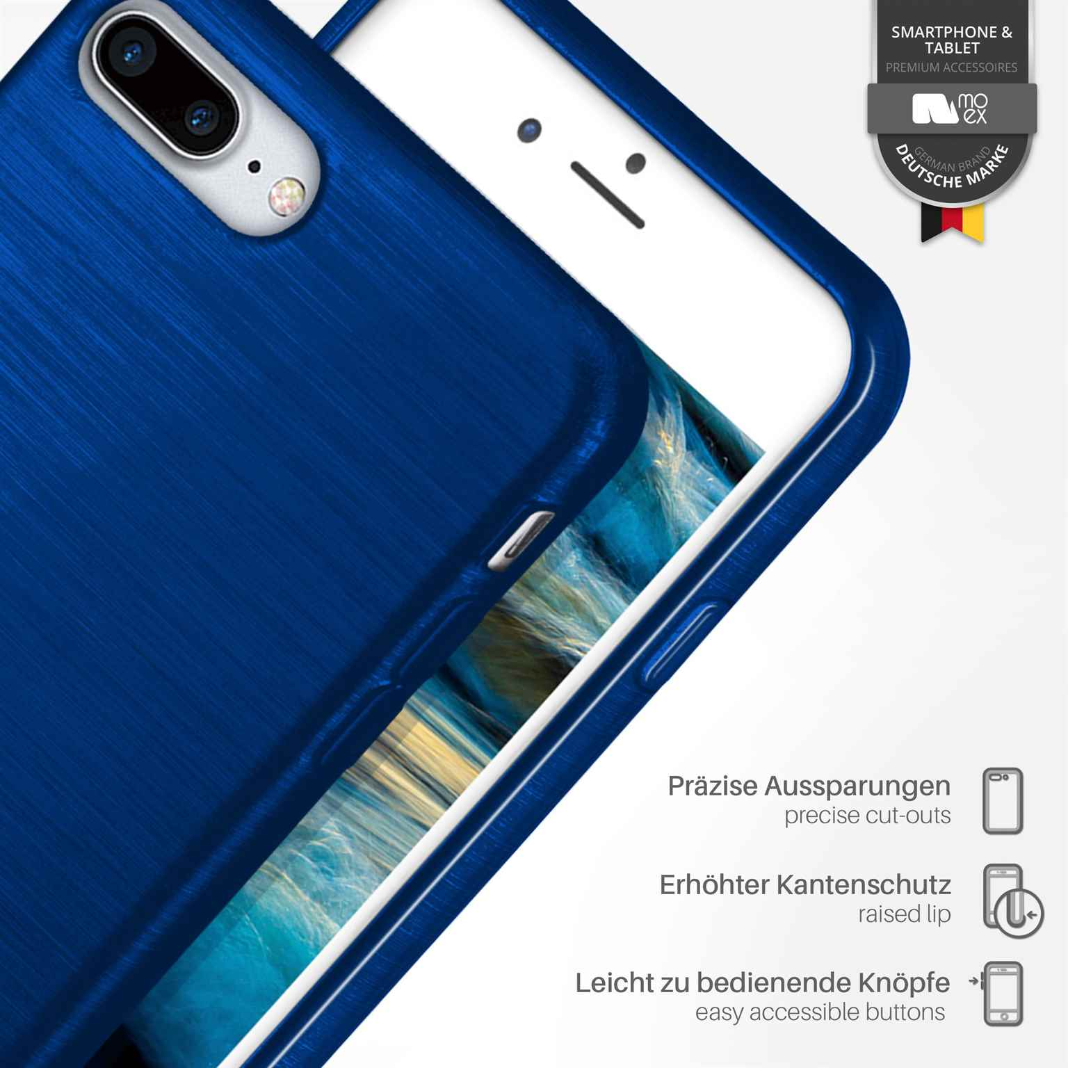 Blaue Handyhülle mit Aussparungen und Text. Deutsches Markenlogo.