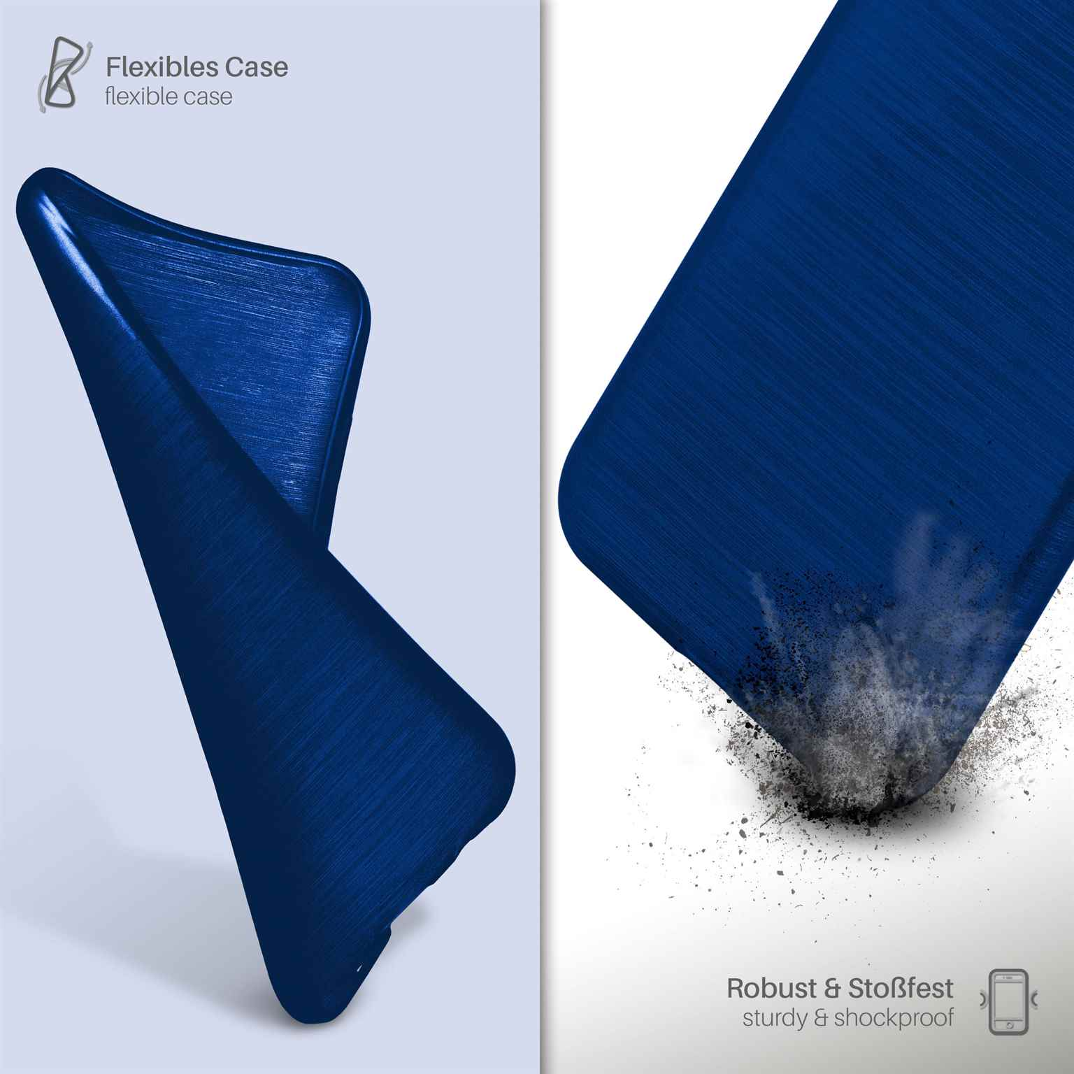 Eine blaue Handyhülle mit strukturierter Oberfläche. Zeigt die Worte „Flexible case“ und „sturdy & shockproof“.