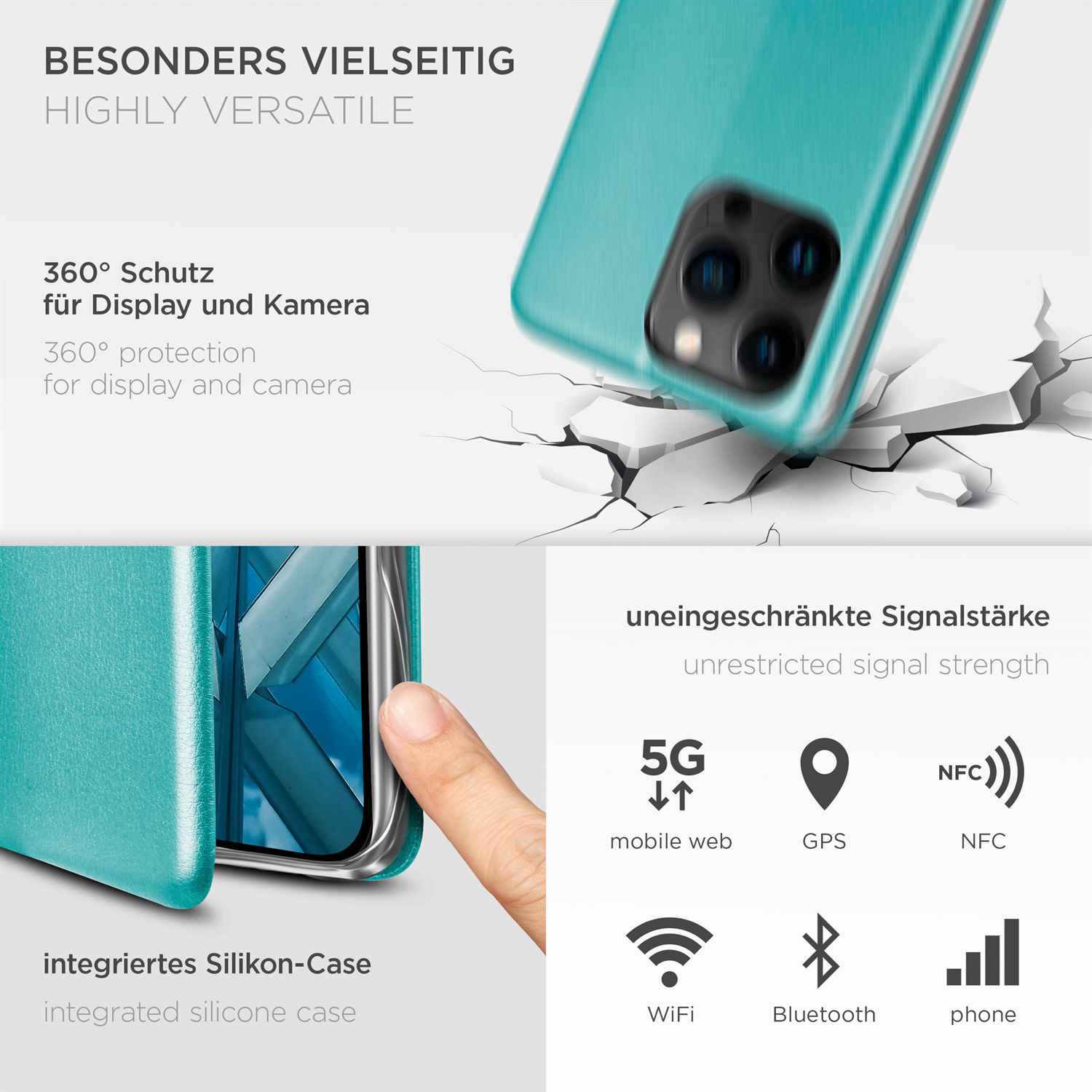 Handyhülle mit türkisfarbenem Bezug. Text: 360° Schutz, Silikonhülle, uneingeschränkte Signalstärke, 5G, GPS, NFC, WiFi, Bluetooth, Telefon.