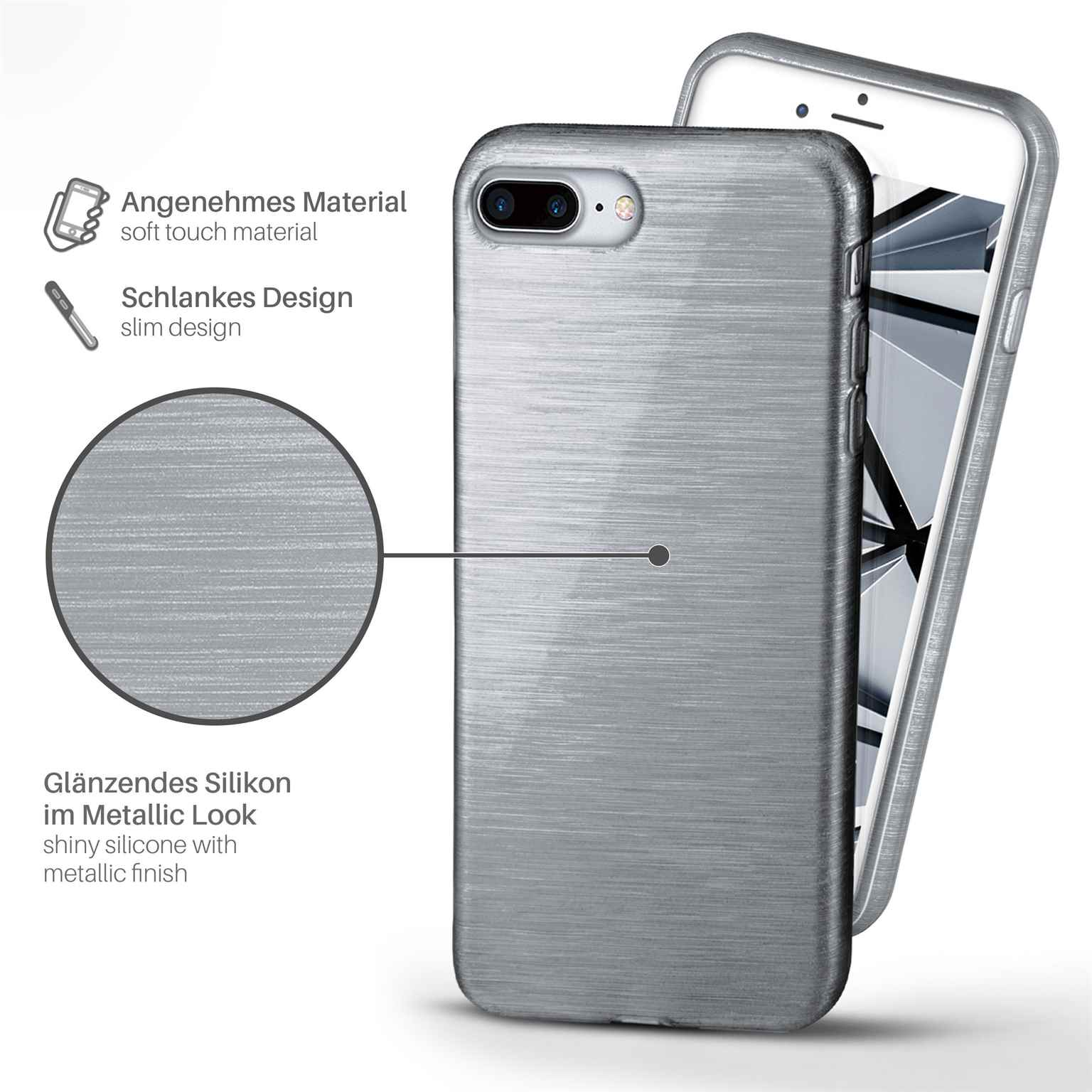 Silberne Handyhülle mit Metallic-Finish. Das Telefon und die Hülle sind auf weißem Hintergrund.