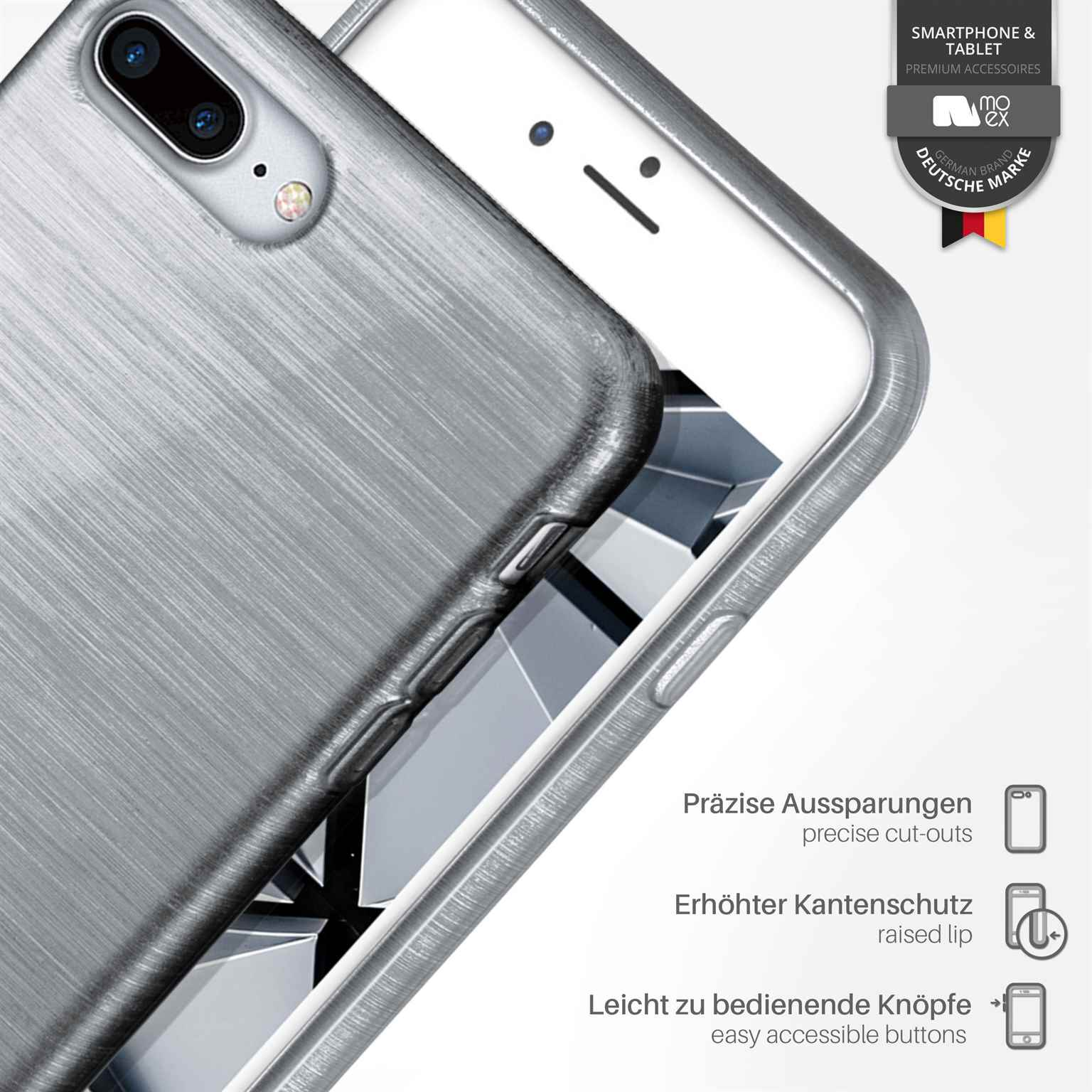 Silberne Handyhülle auf einem weißen Telefon. Text: präzise Aussparungen, erhöhter Rand, leicht zugängliche Tasten, deutsche Marke.