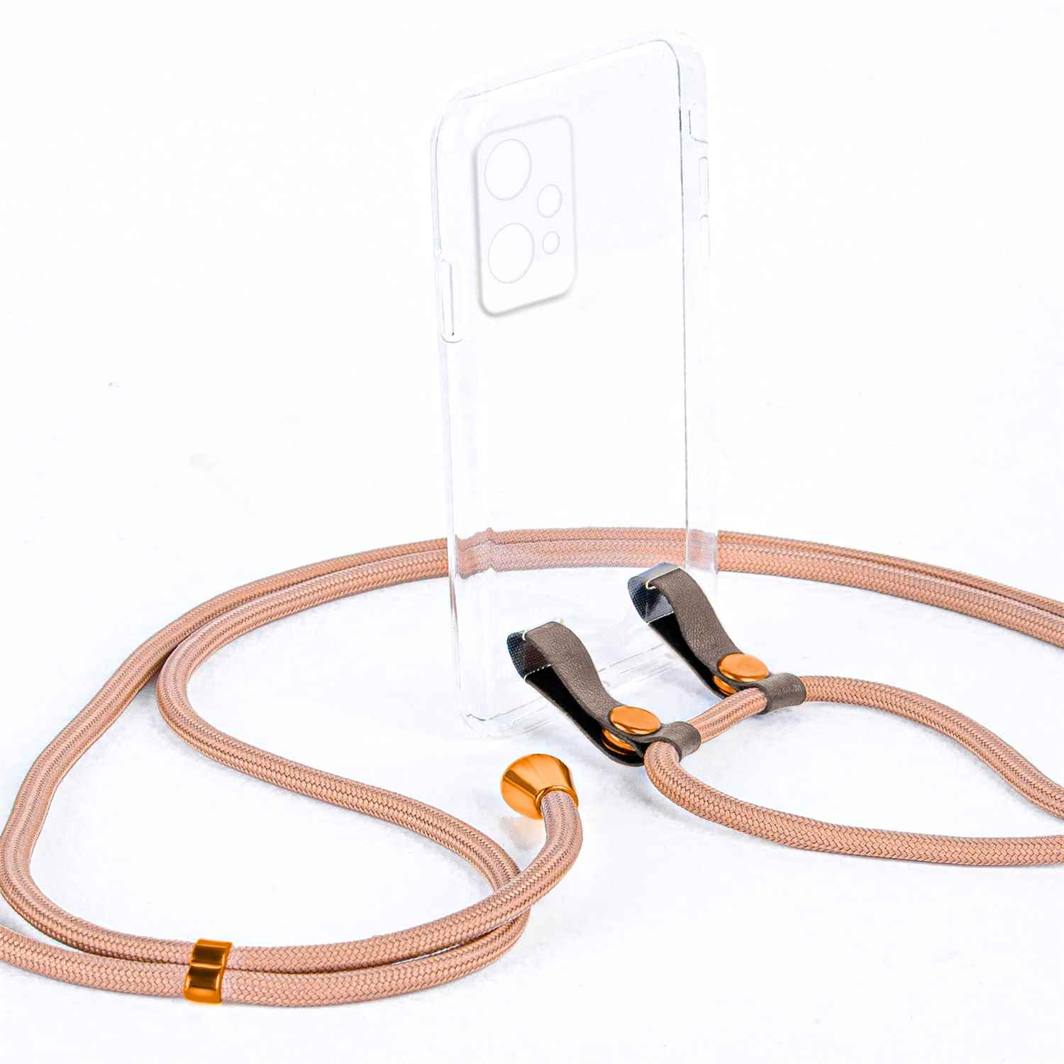 Ein rosafarbenes Telefon-Lanyard mit einer durchsichtigen Handyhülle. Merkmale: geflochtenes Design und Metallbefestigungen.