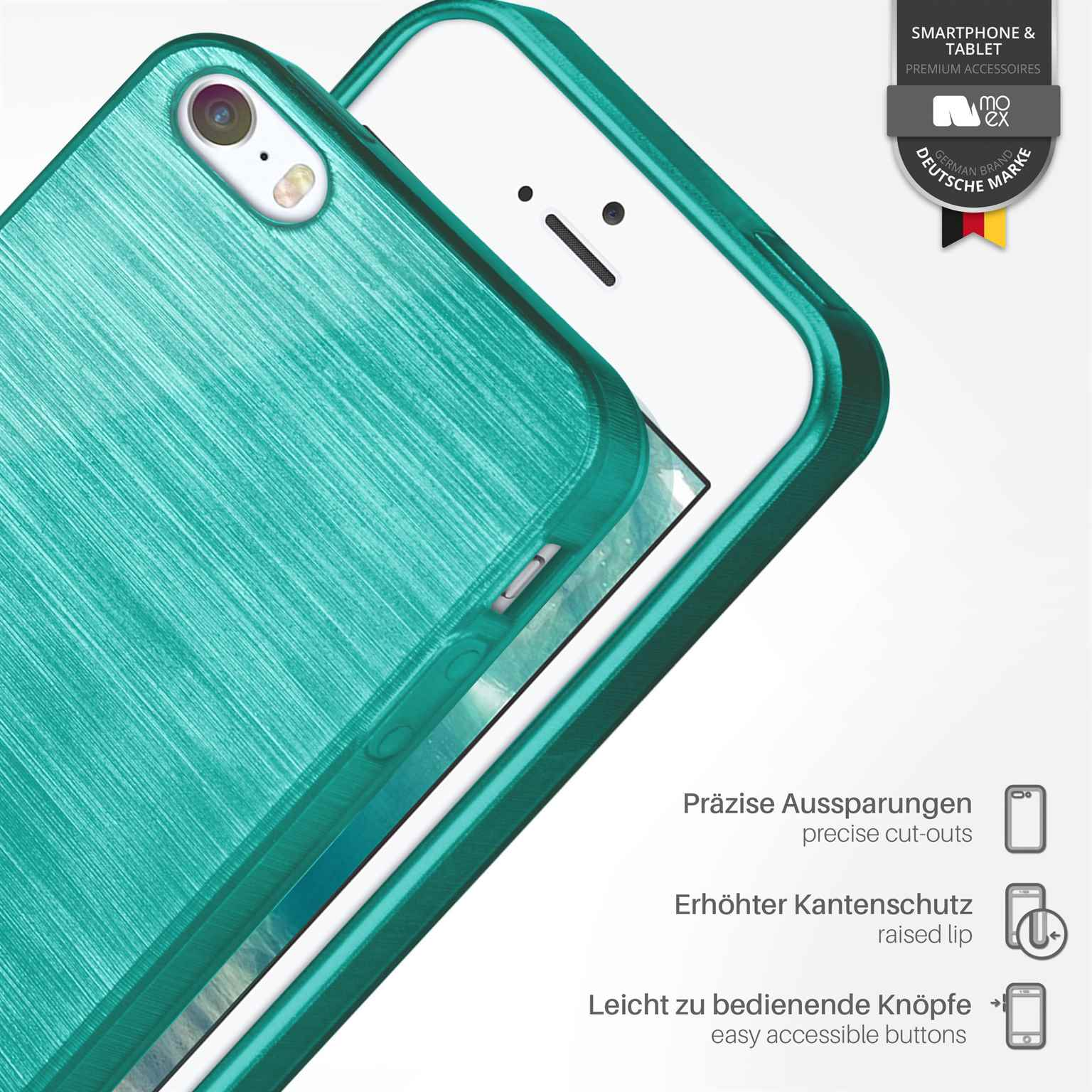 Türkisfarbene Handyhülle auf einem weißen Telefon mit deutschen Textmerkmalen.
