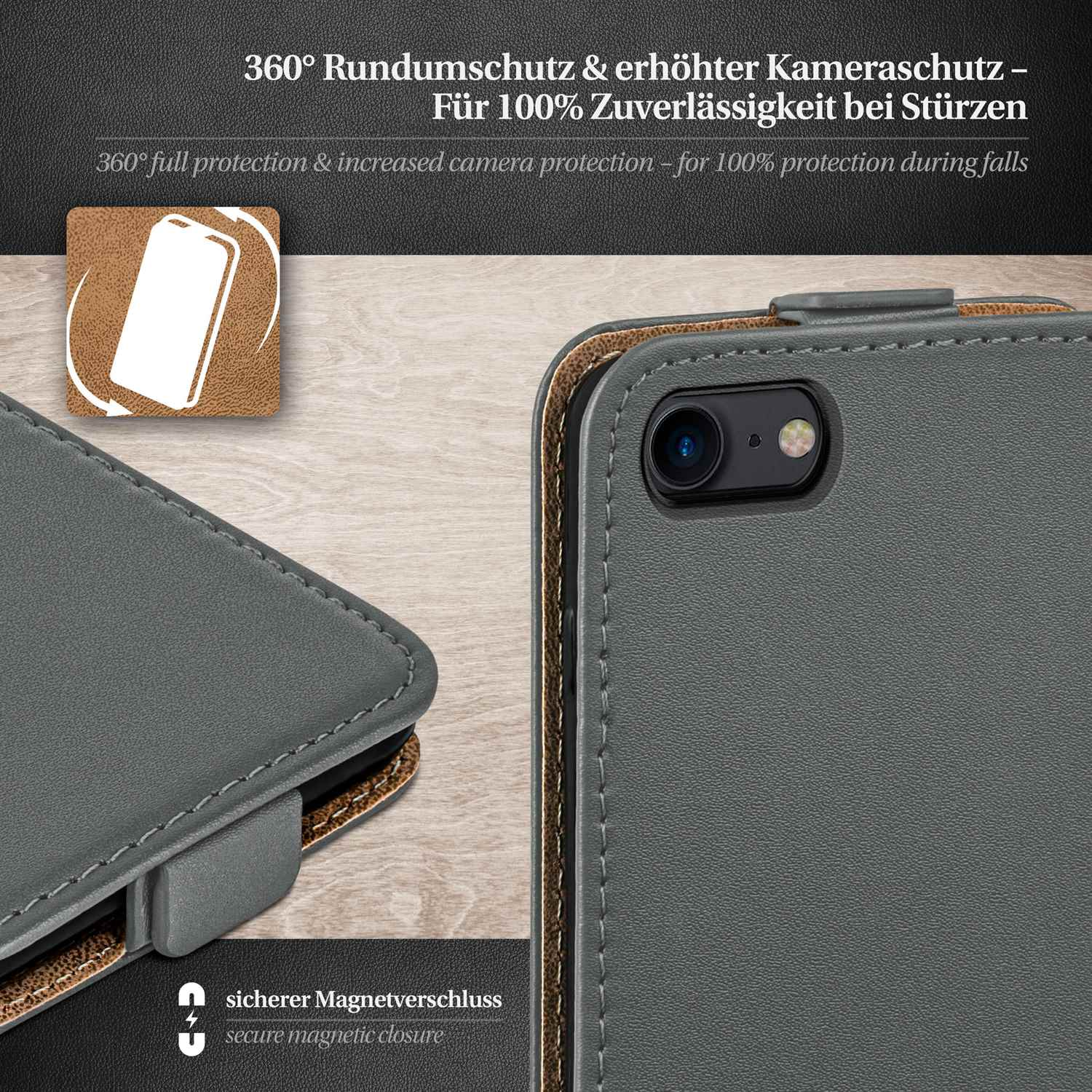 Graue Handyhülle mit Ledertextur, Kamera und Magnetverschluss zeigend.