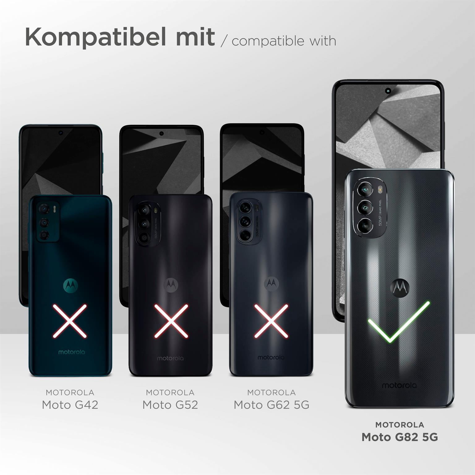 Bild zeigt mehrere Telefone mit verschiedenen Modellen. Nur Moto G82 5G hat ein grünes Häkchen.
