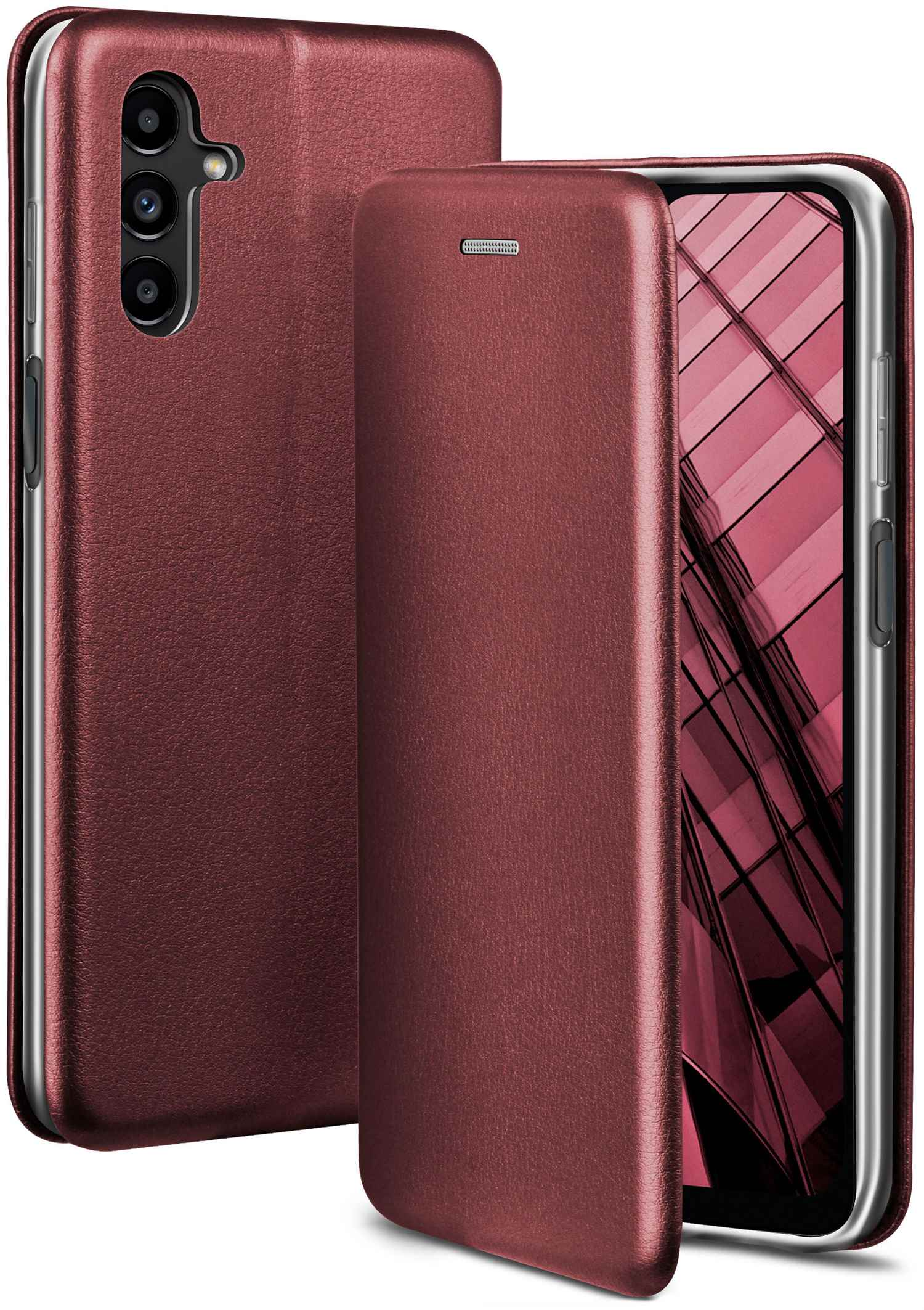 Burgunderfarbene Leder-Handyhülle, offen. Zeigt den Telefonbildschirm. Weißer Hintergrund.