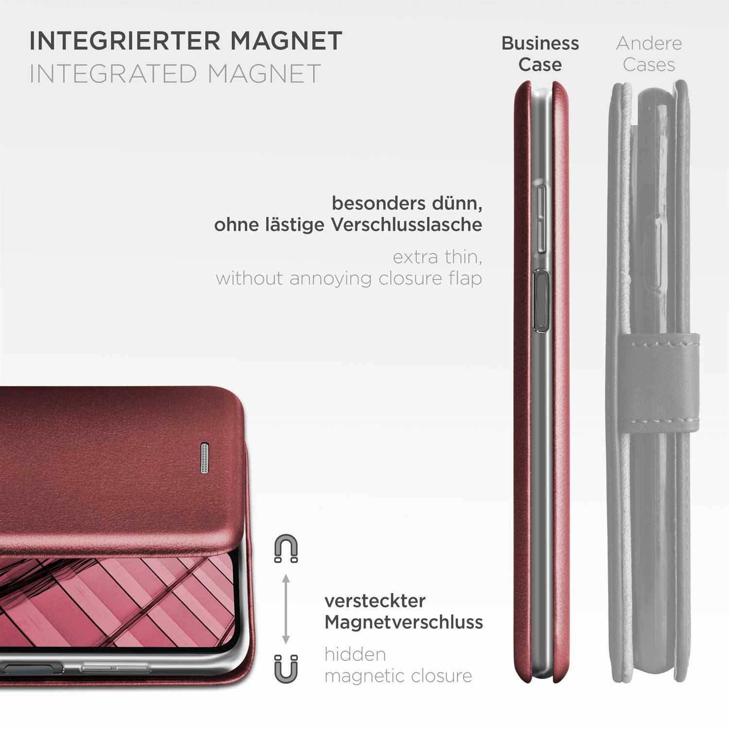 Eine Handyhülle mit roter Lederaussenseite. Ein Diagramm zeigt den versteckten Magnetverschluss der Hülle.