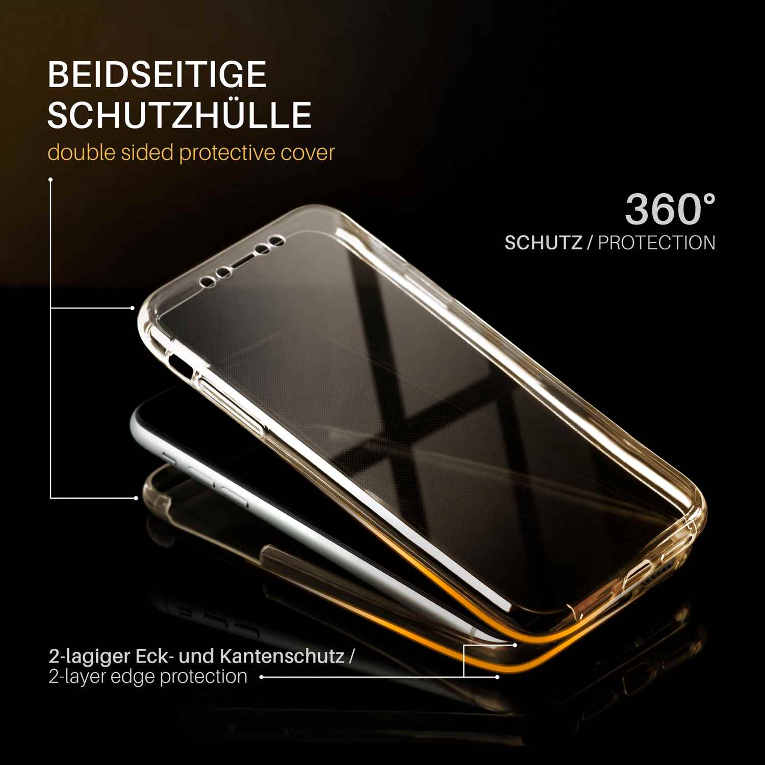 Eine Handyhülle mit doppelseitiger Schutzhülle. Sie hat 360°-Schutz und 2-lagigen Kantenschutz.