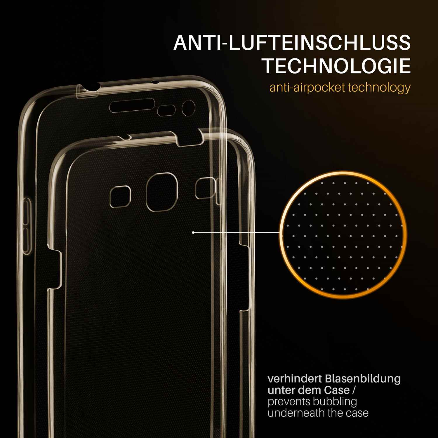 Transparente Handyhülle, Text: Anti-Lufteinschluss Technologie.