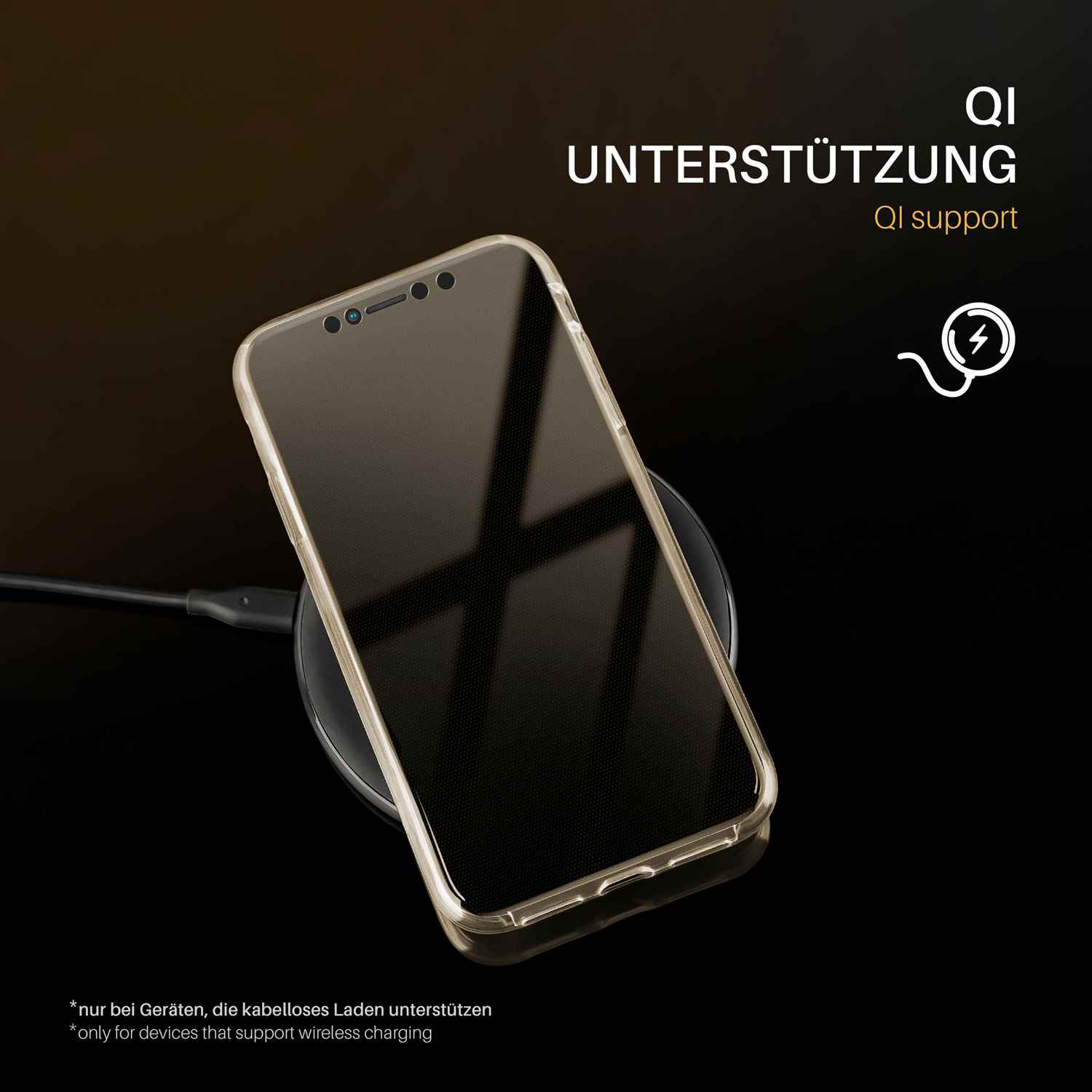 Telefon in einer transparenten Hülle, das kabellos geladen wird. QI-Support-Text und Symbol werden angezeigt.