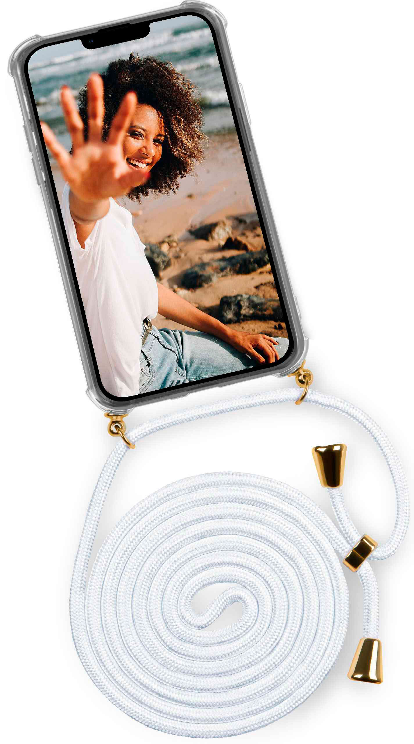 Handyhülle mit weißem Band. Telefon zeigt Frau am Strand, Hand ausstreckend.