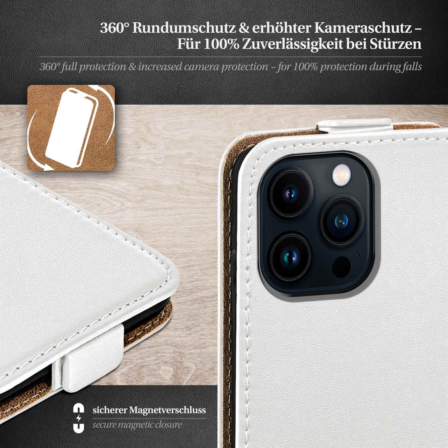 Weißes Handycase mit schwarzen Kameralinsen. Text: 360° Schutz, sicherer Magnetverschluss.