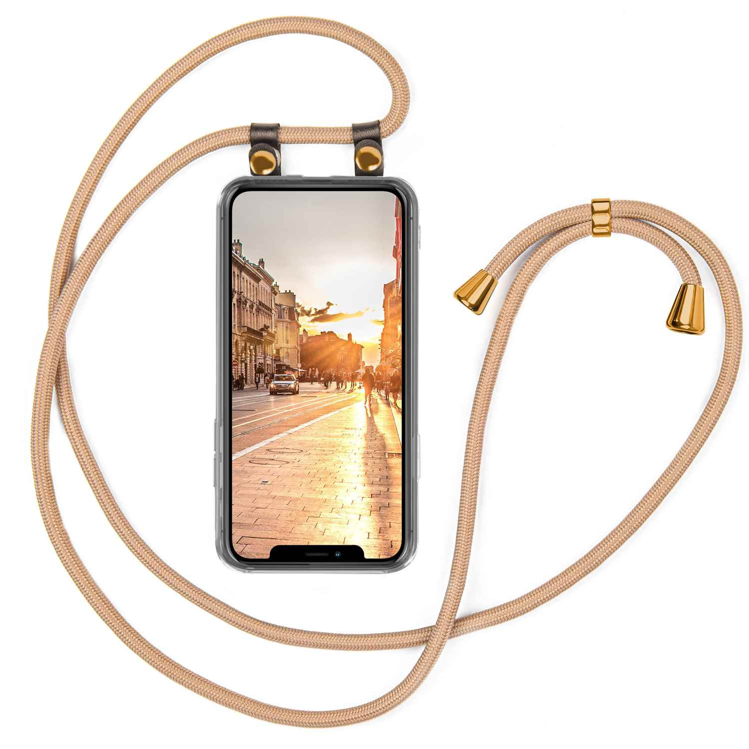 Telefon mit beigem Seil. Display zeigt Stadtstraße. Weißer Hintergrund.