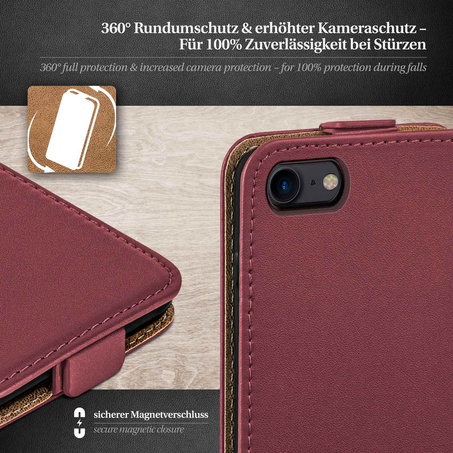 Burgunderfarbene Handyhülle mit Magnetverschluss, geöffnet, um das Telefon zu zeigen.