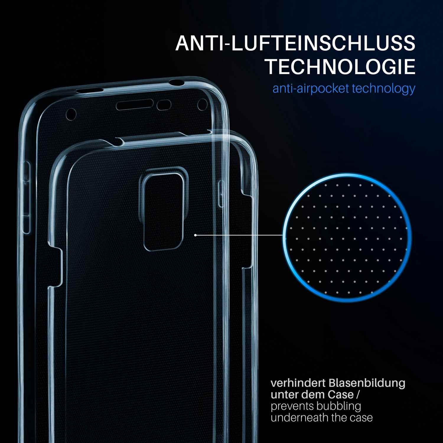 Eine transparente Handyhülle mit dem Text 'Anti-Lufttaschen-Technologie'.