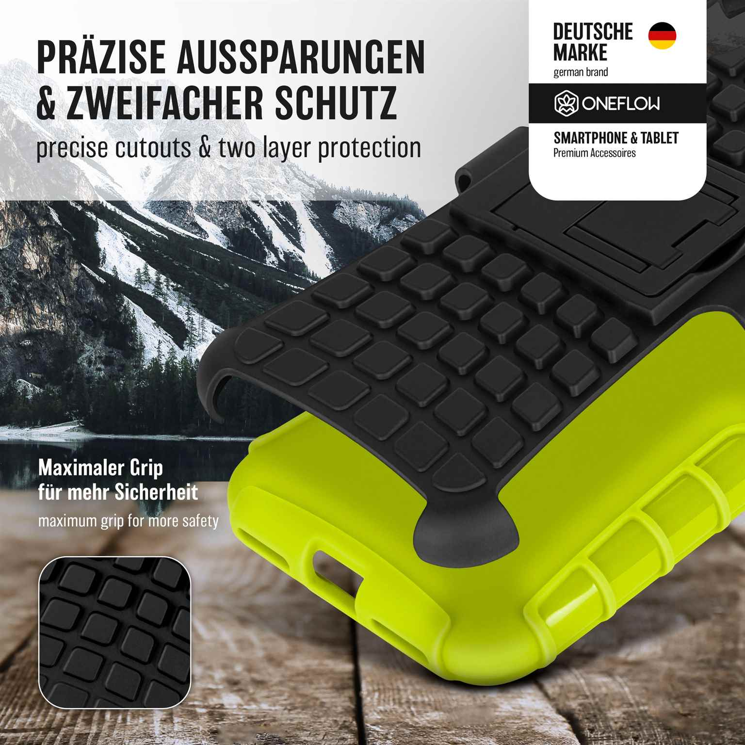 Nahaufnahme einer Handyhülle mit Aussparungen und strukturierter Oberfläche, ein Telefon fällt mit Rissen.