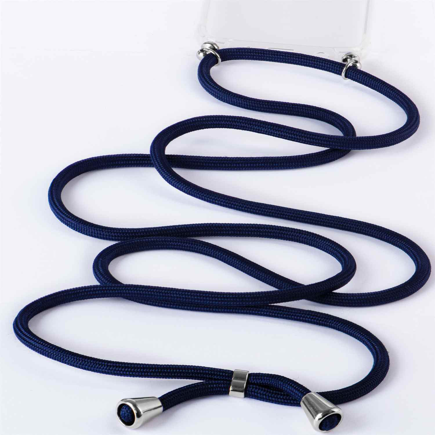 Dunkelblaues Lanyard mit silberfarbenen Enden und Befestigungen.