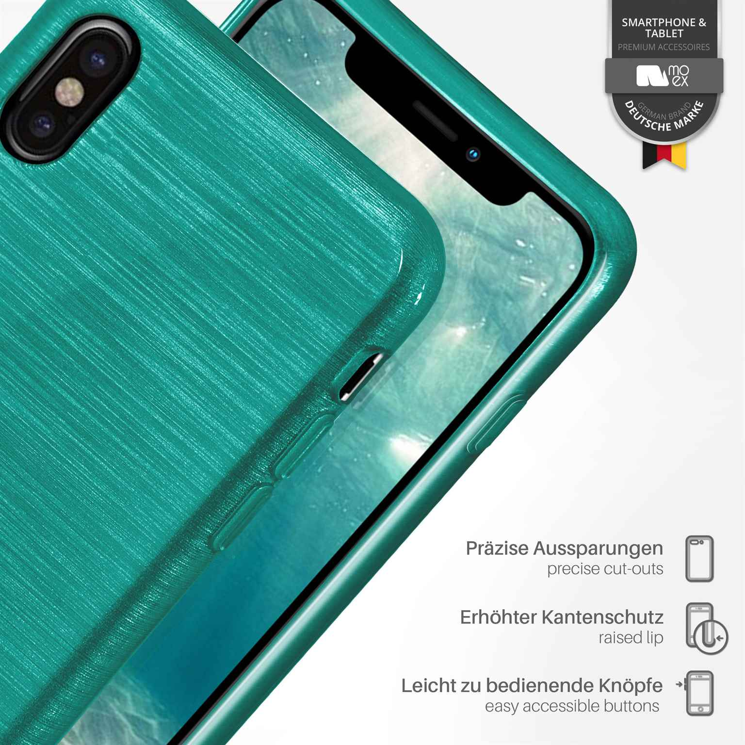 Türkisfarbene Handyhülle mit strukturierter Oberfläche. Aussparungen, erhöhte Lippe und einfache Knöpfe sind sichtbar.