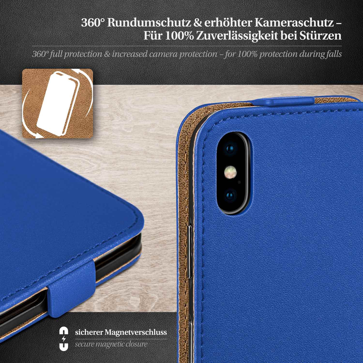 Geöffnete blaue Handyhülle mit Handy. Die Hülle liegt auf einer Holzoberfläche.