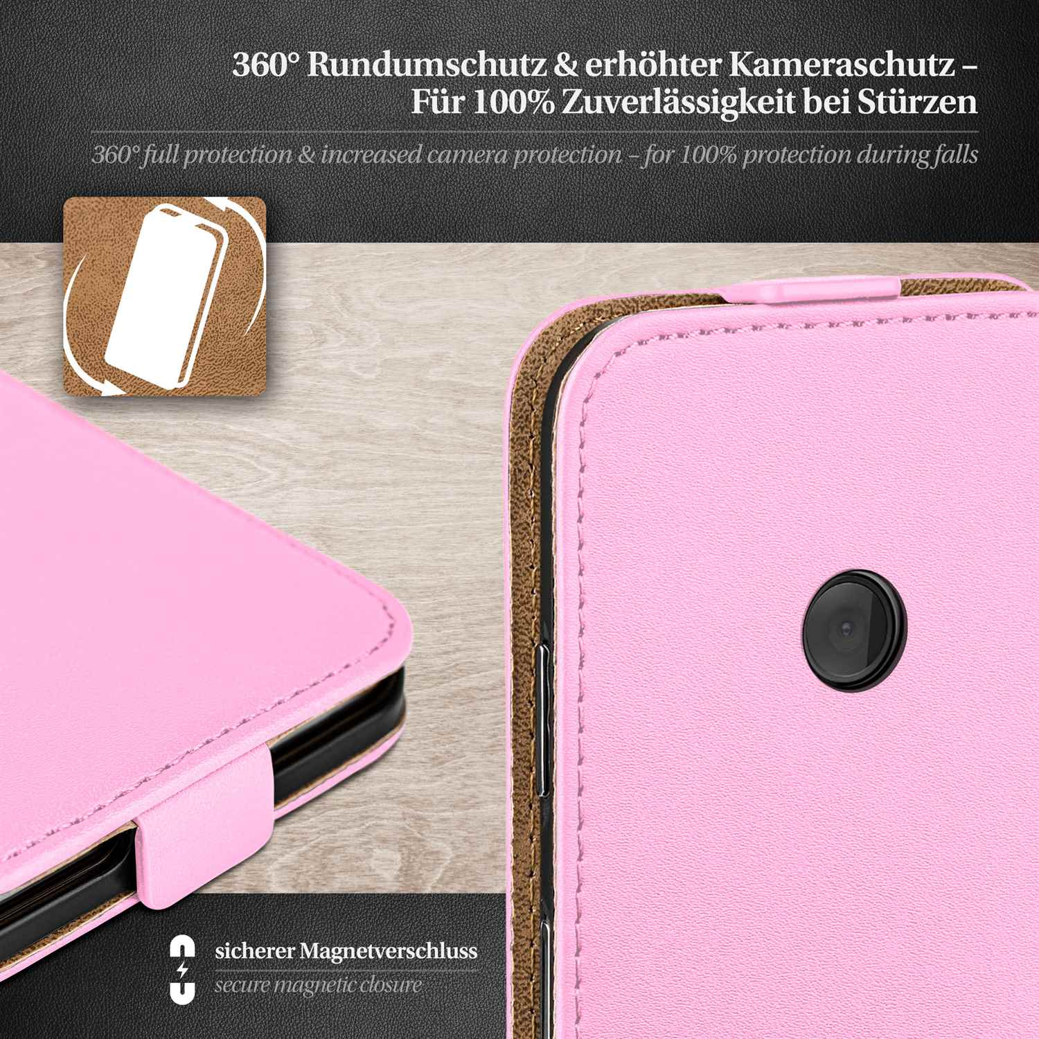 Nahaufnahme einer rosa Handyhülle mit schwarzem Rahmen.