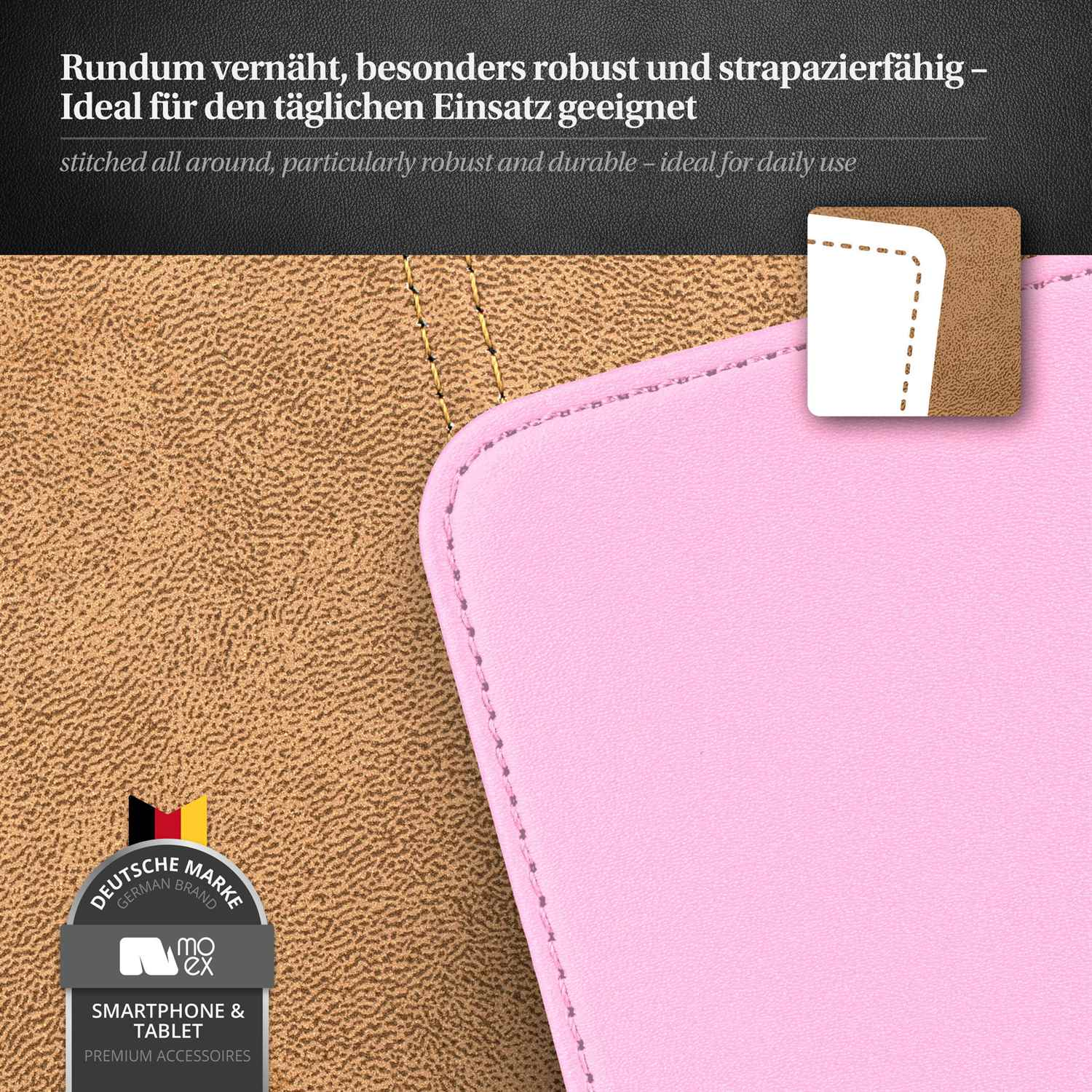 Rosa Handyhülle Detail, genähte Kanten. Hellbraune und rosa Ledertexturen.
