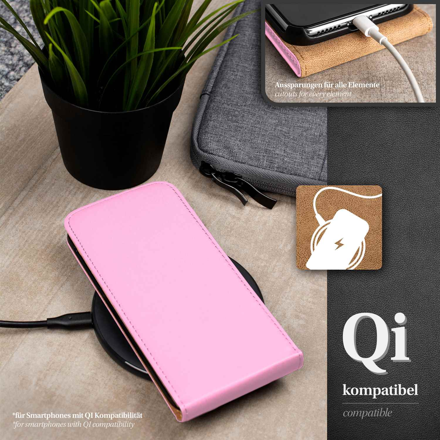 Eine rosa Handyhülle auf einem kabellosen Ladegerät. Ein schwarzer Topf und ein graues Etui sind sichtbar.