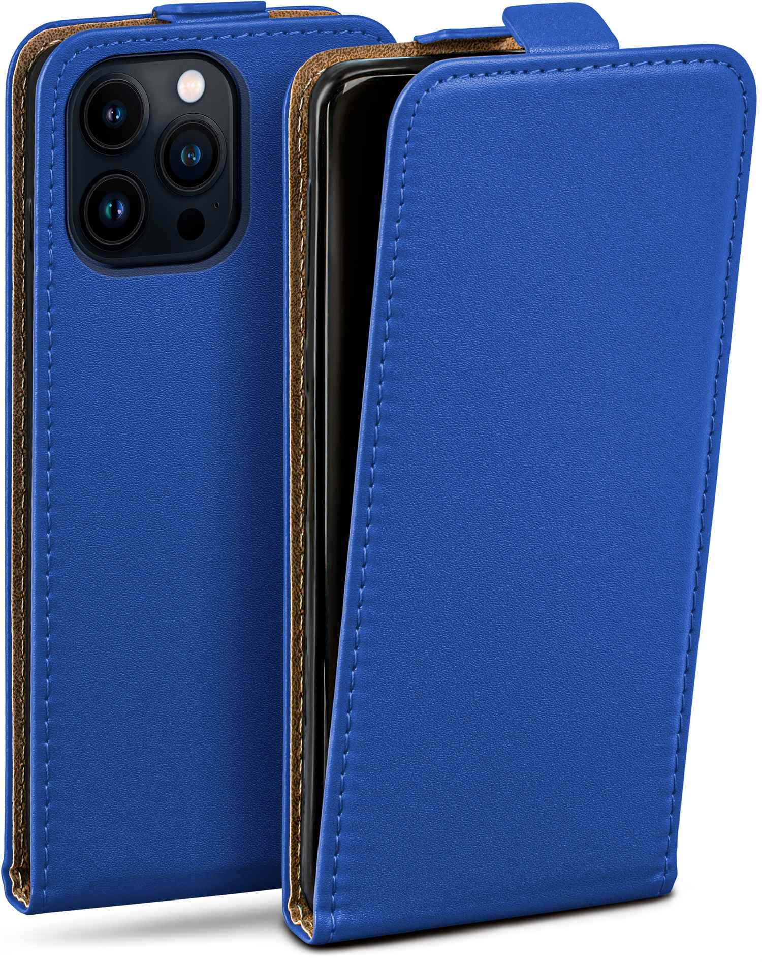 Blaue Handyhülle, eine geöffnet, die das Telefon zeigt. Weißer Hintergrund.