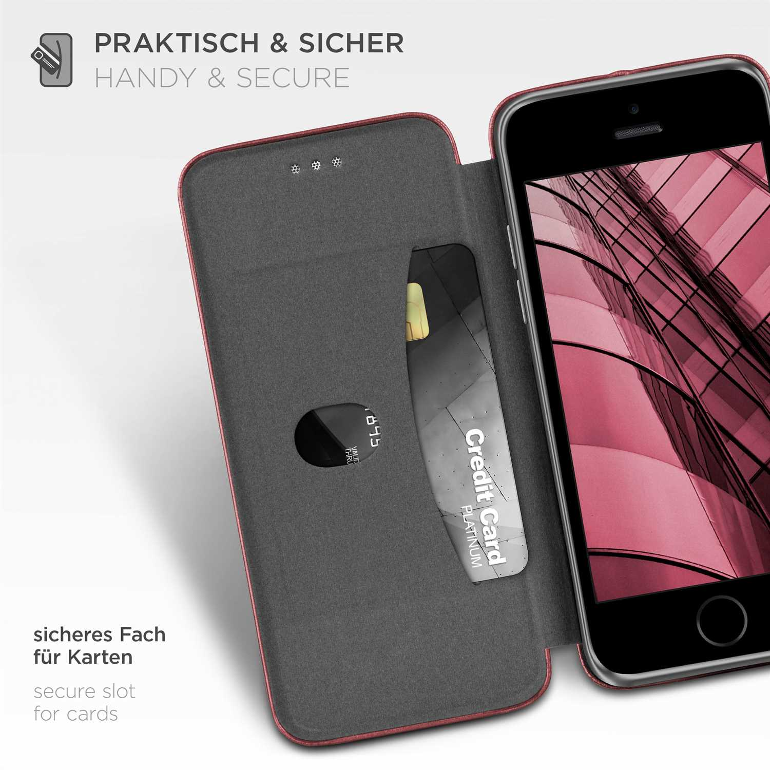 Geöffnete Handyhülle mit Kartenfach und Kreditkarte. Text: Praktisch & Sicher und sicheres Fach für Karten.